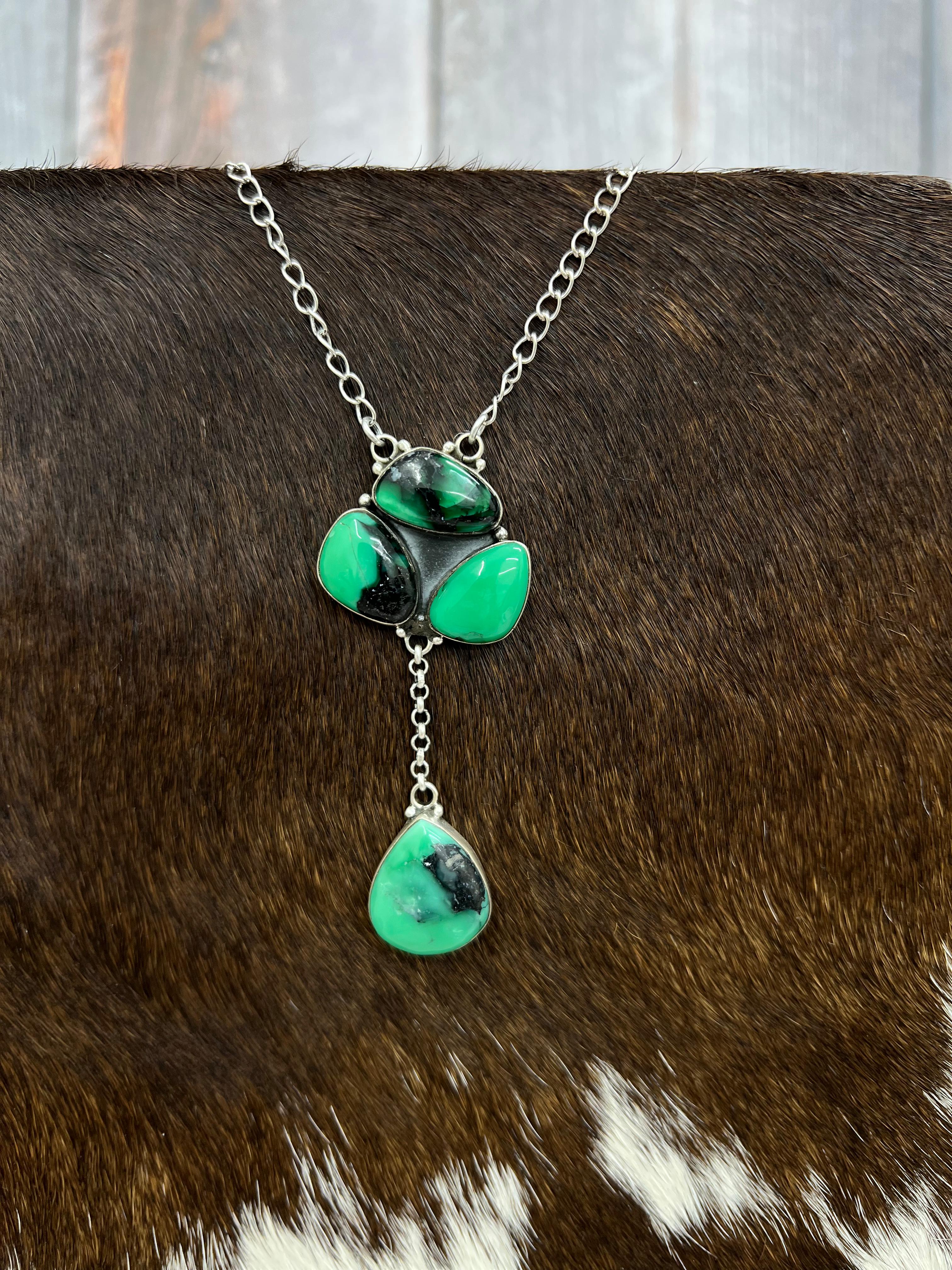 Handmade Sterling Silver Emerald Rose Necklace with Signed Nizhoni