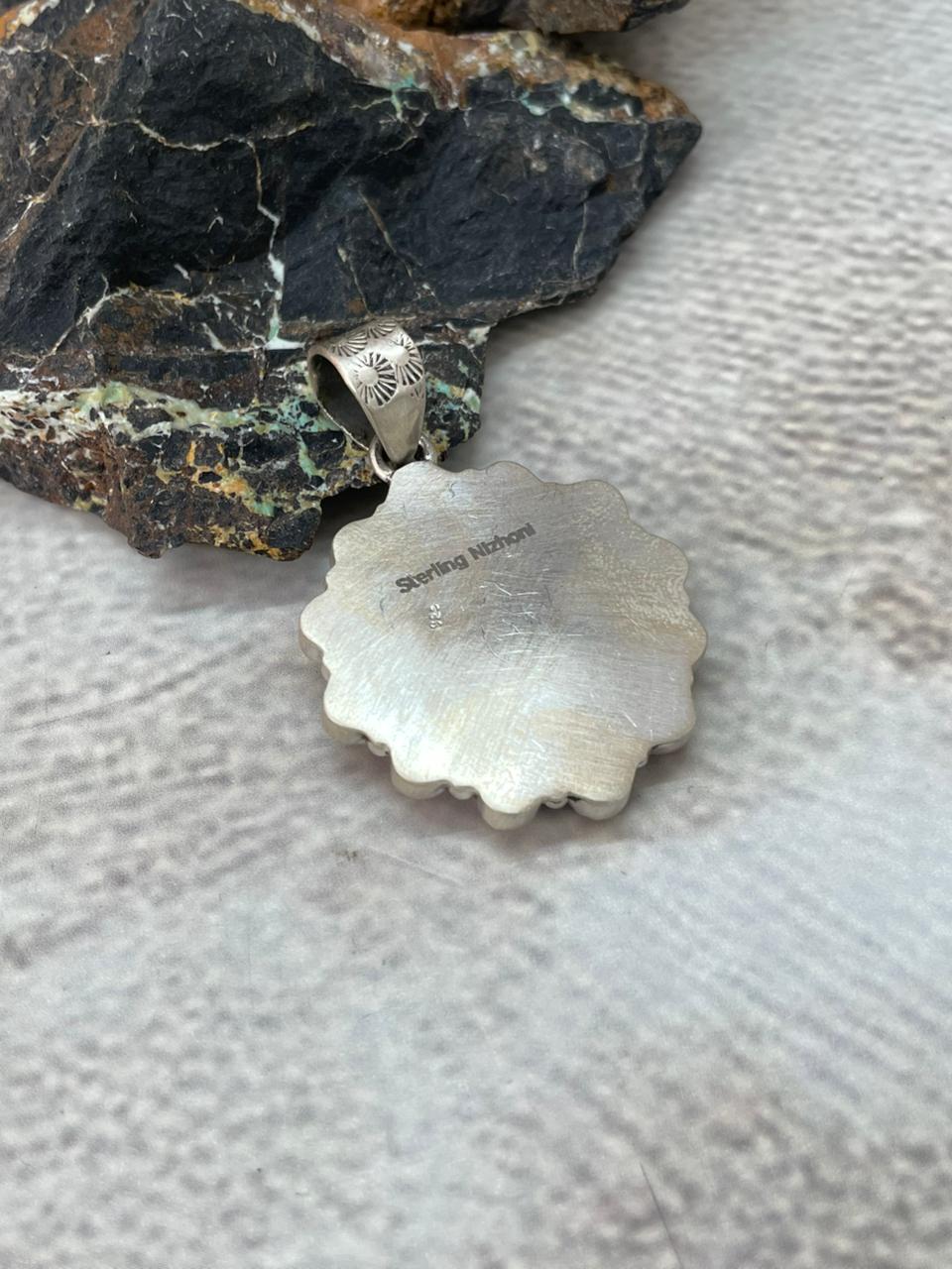 Handmade Sterling Silver Kingman with Orange Mojave Pendant "Signed Nizhoni"