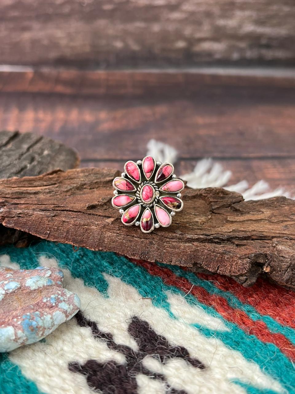 Handmade Sterling Silver Dahlia Rose Adjustable Ring " Signed Nizhoni" (4)