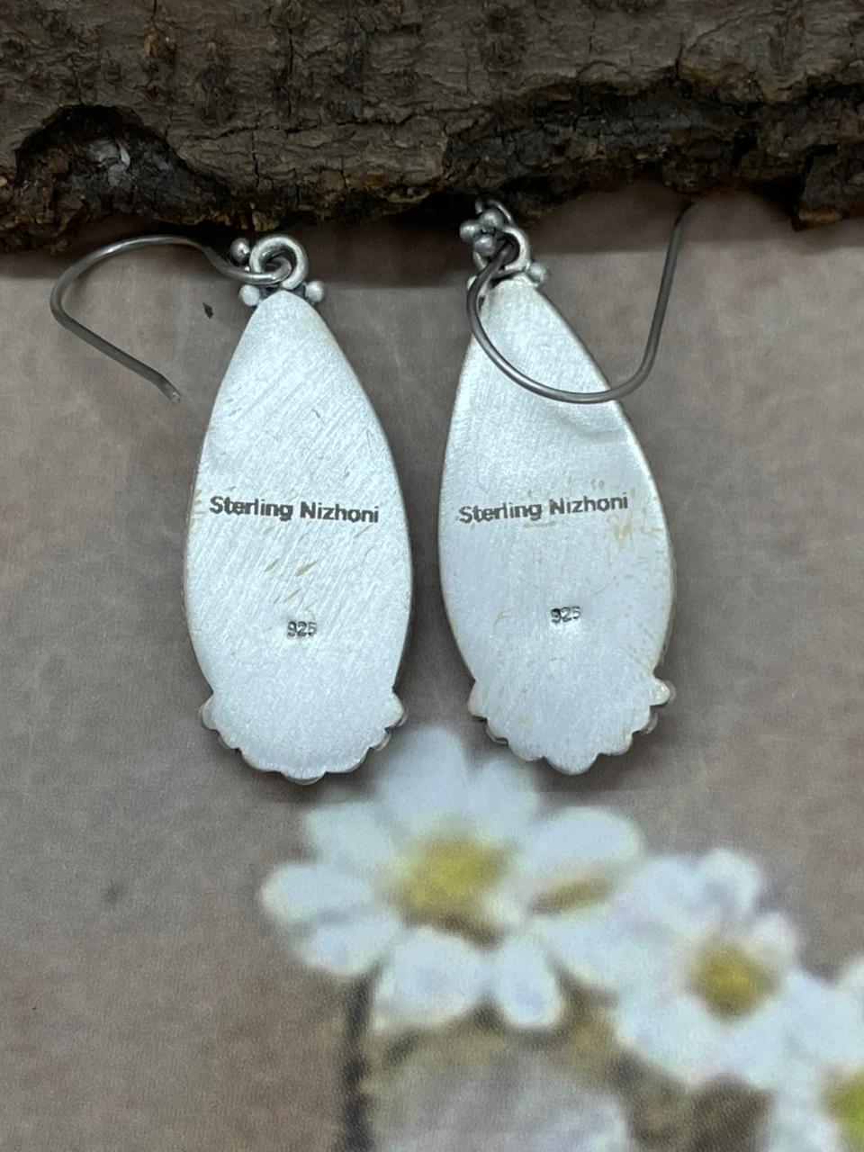 Handmade Sterling Silver White Buffalo Hook Dangle Earrings with Signed Nizhoni