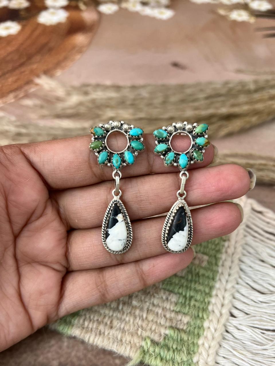Handmade Sterling Silver Kingman Turquoise with White Buffalo Post Dangle Earrings "Signed Nizhoni"