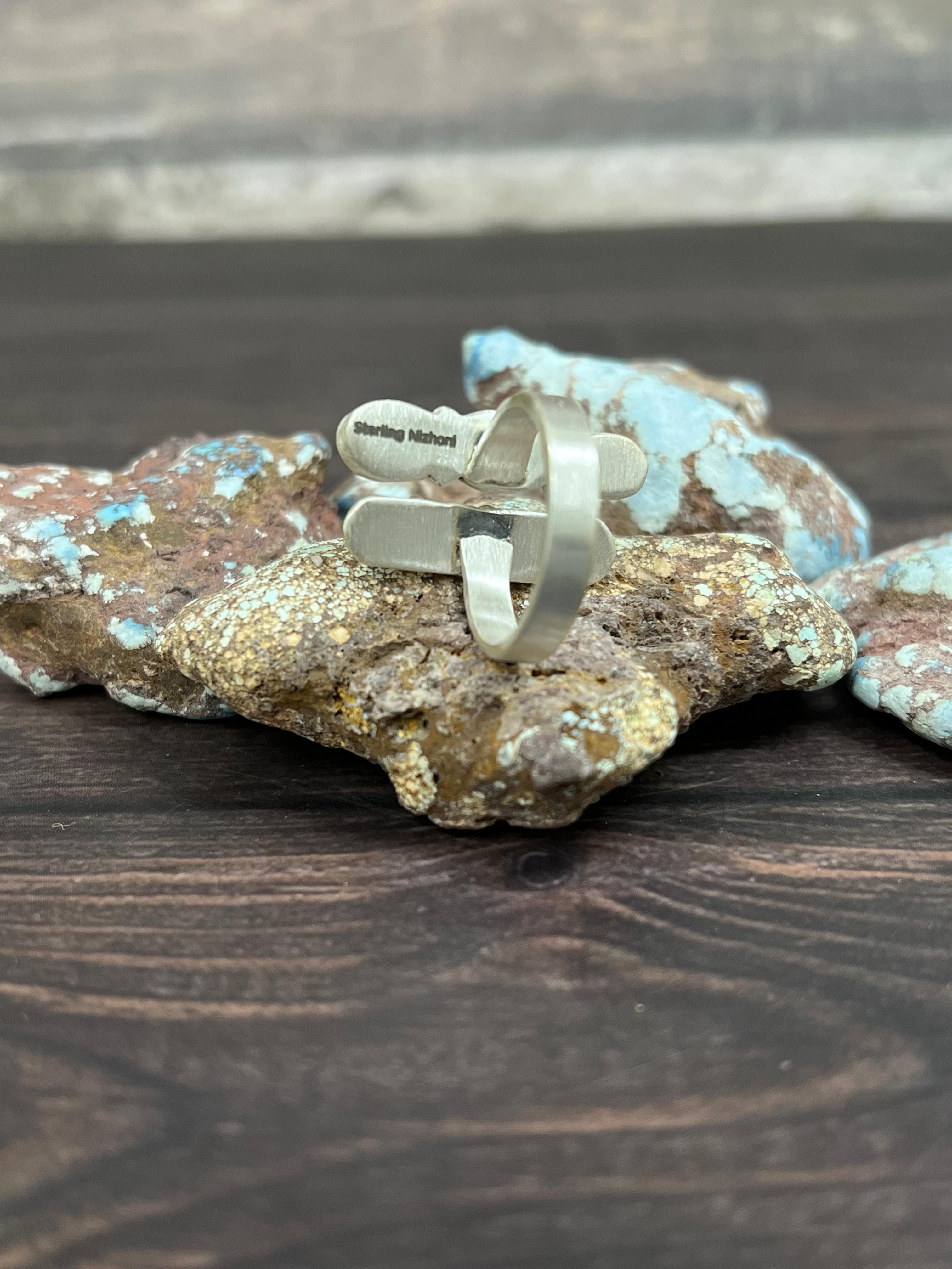 Handmade Sterling Silver with Golden Hills Turquoise Adjustable Ring With Signed Nizhoni