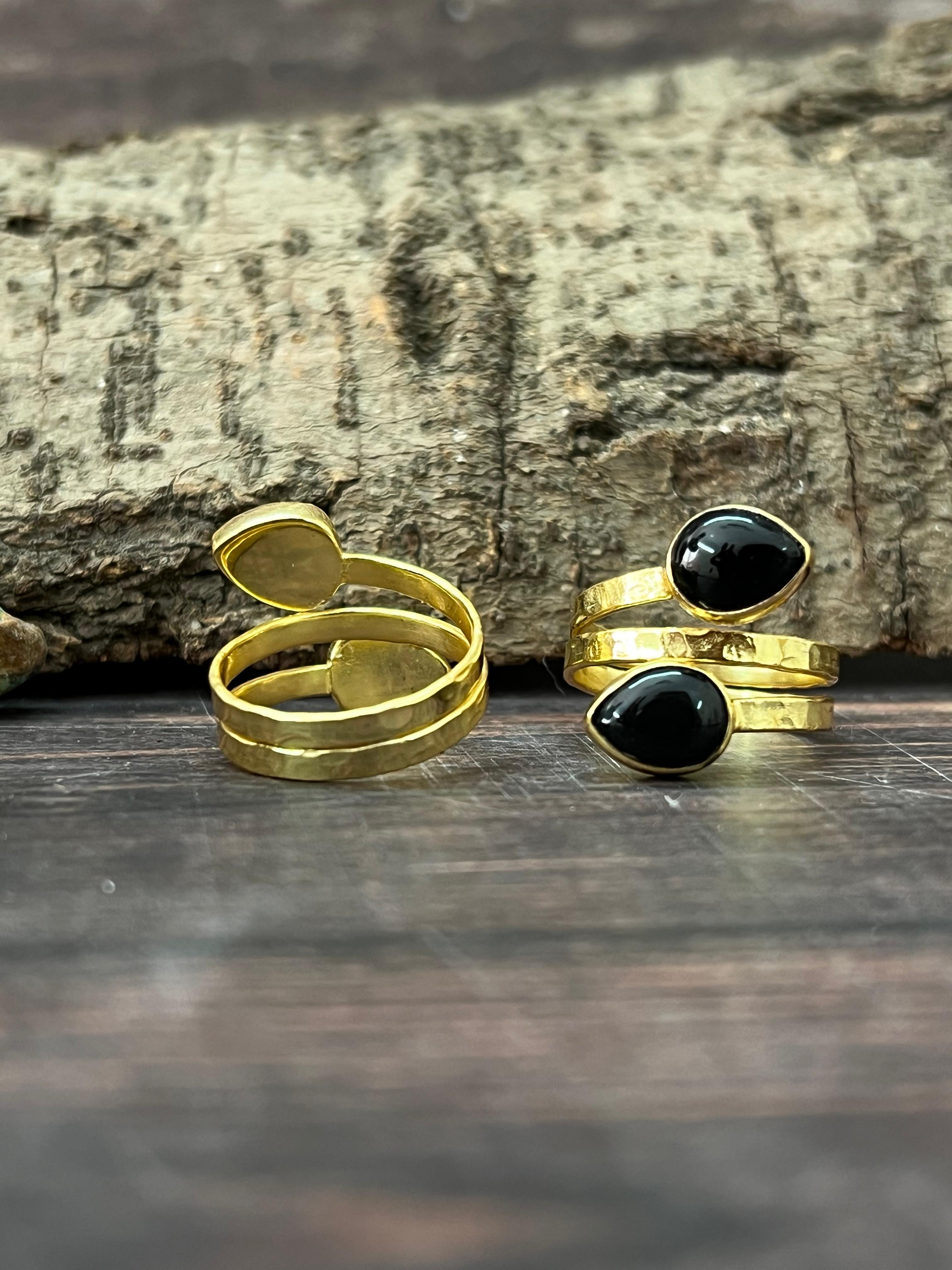 “The Golden Collection” Natural Kingman Turquoise, Black Onyx Adjustable 2 Stone Ring