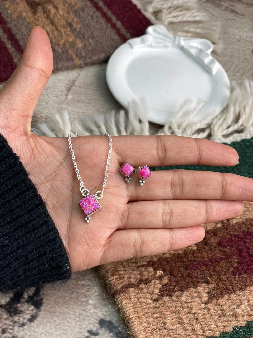 Handmade Sterling Silver Hot Pink Necklace Earrings Set "Signed Nizhoni"