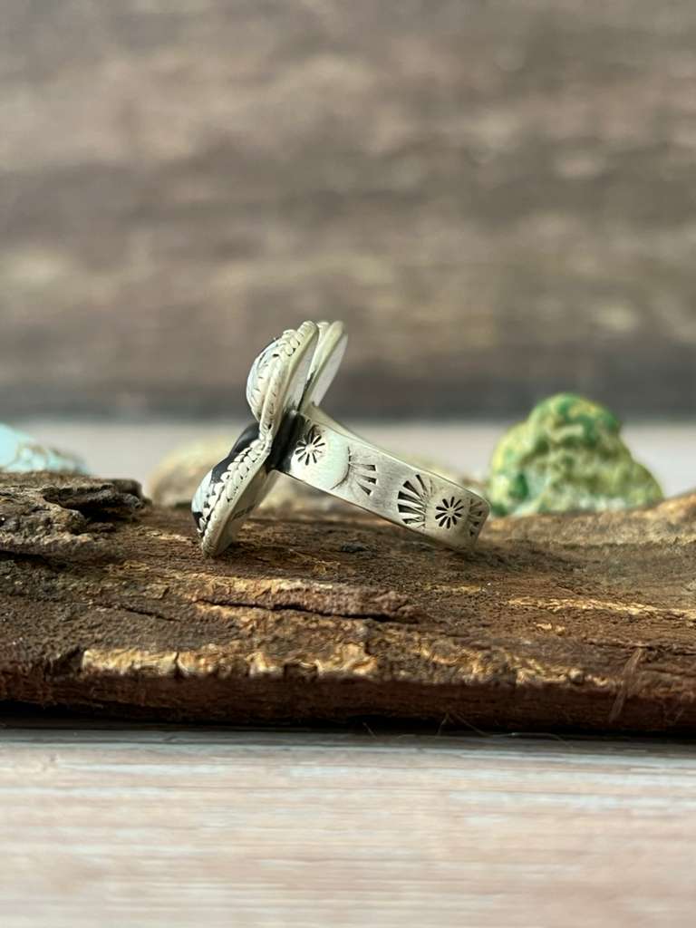 Handmade Sterling Silver White Buffalo Adjustable Ring with Signed Nizhoni