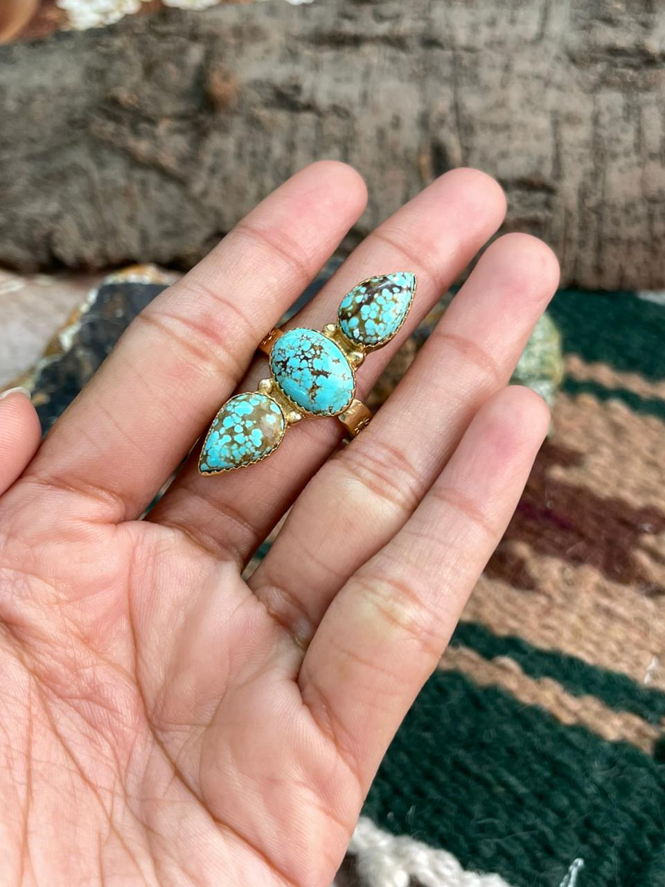 “The Golden Collection” Handmade Number 8 Turquoise with Gold 3 Stone Adjustable Ring
