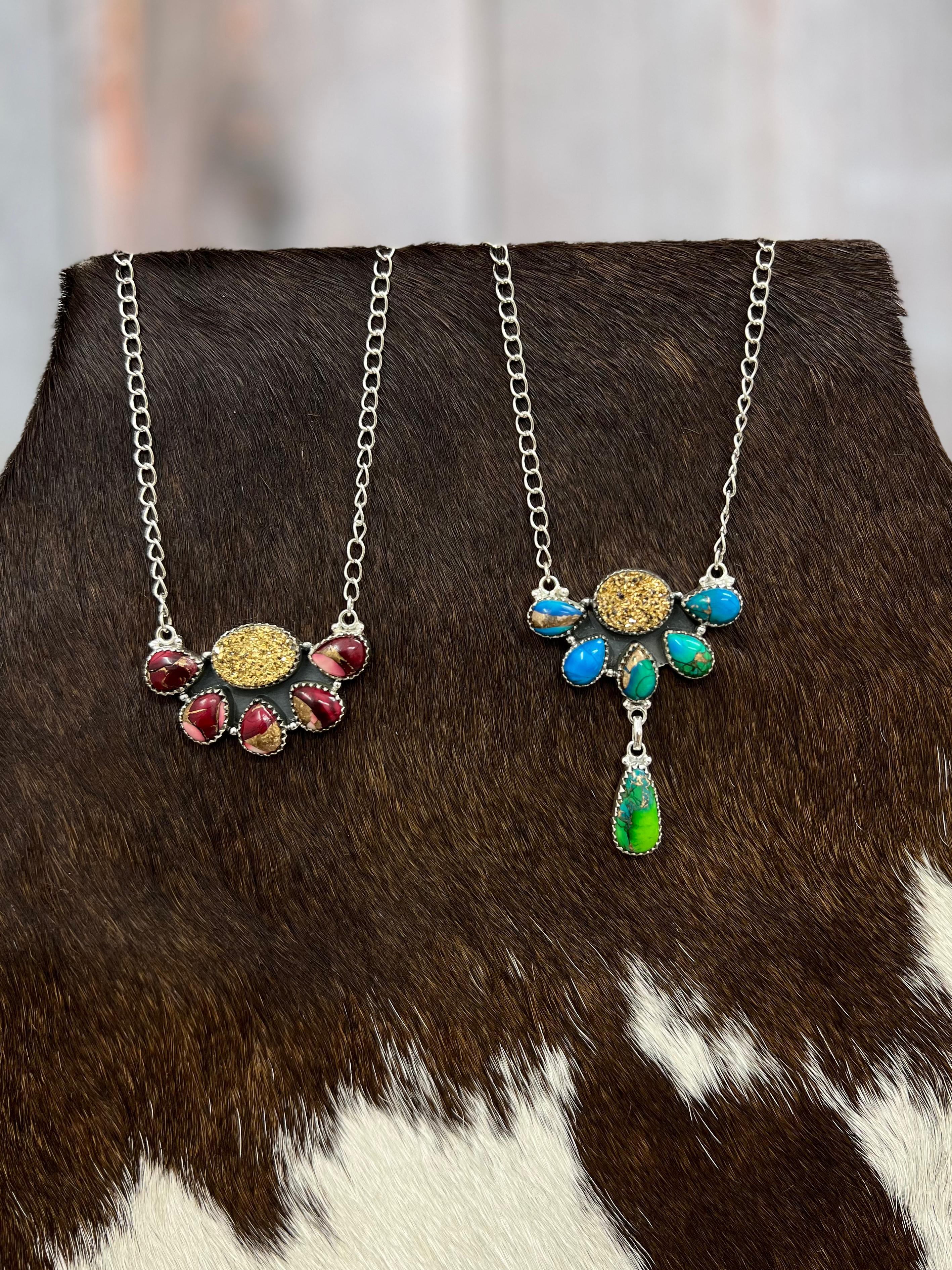 Handmade Sterling Silver Dahlia Rose with Druzy, Peacock Dahlia with Druzy Necklace with Signed Nizhoni