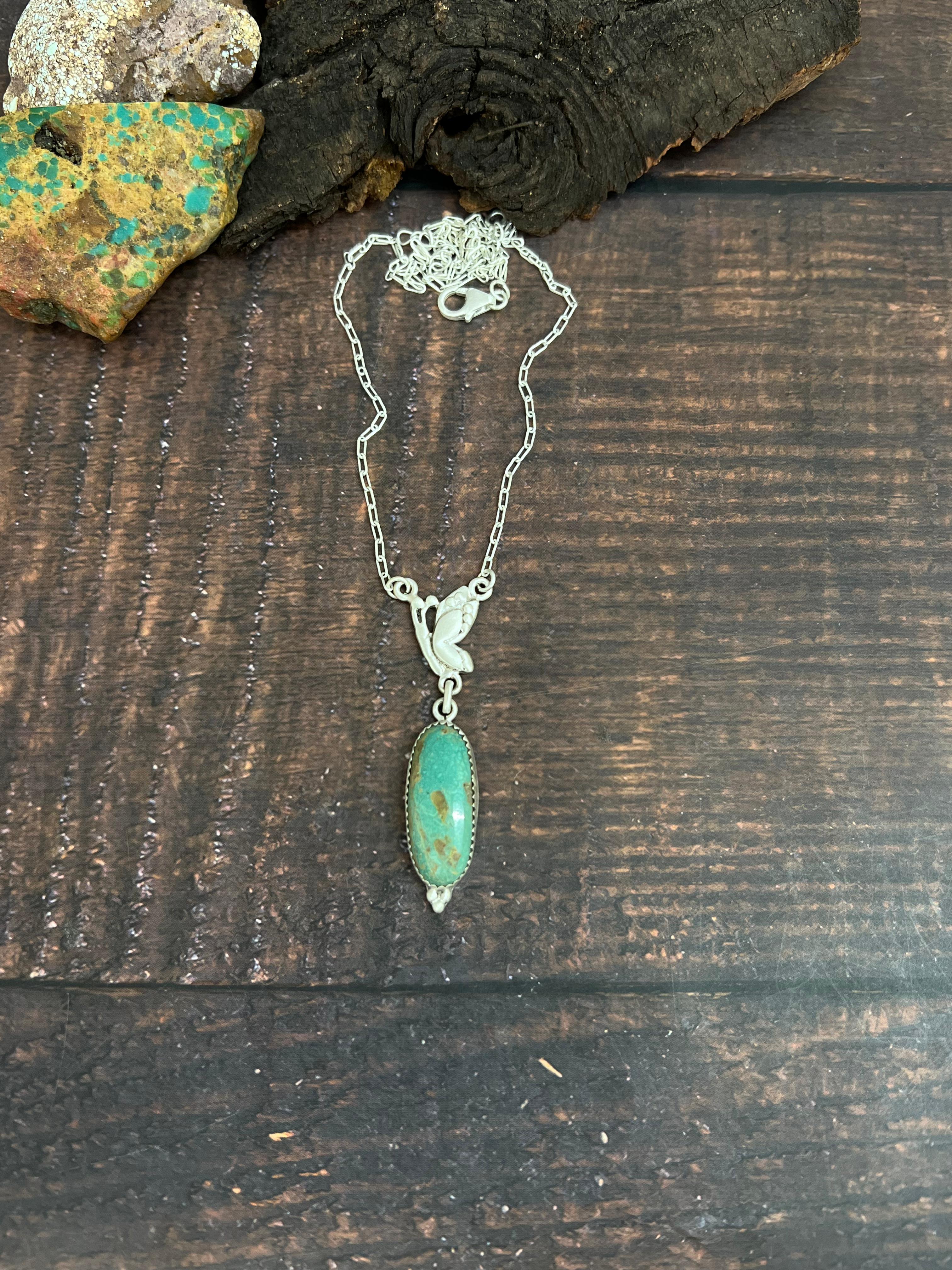 Handmade Sterling Silver Kingman Turquoise Necklace with Signed Nizhoni