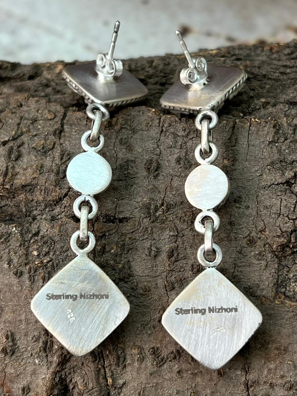 Handmade Sterling Silver Kingman Turquoise Post Dangle Earrings "Signed Nizhoni"