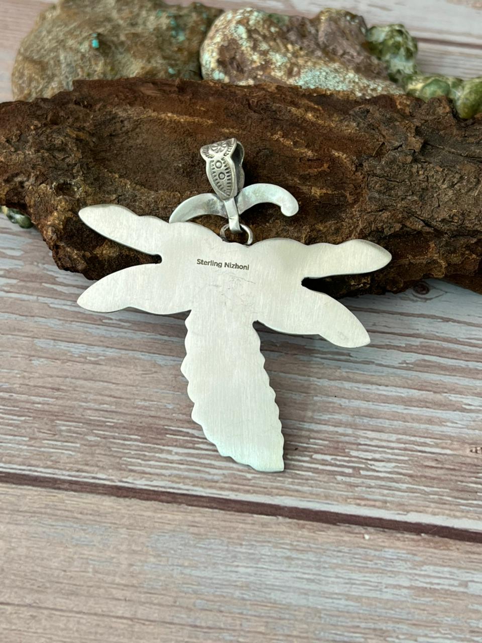 Handmade Sterling Silver Sonoran Mountain Turquoise Butterfly Pendant with Signed Nizhoni