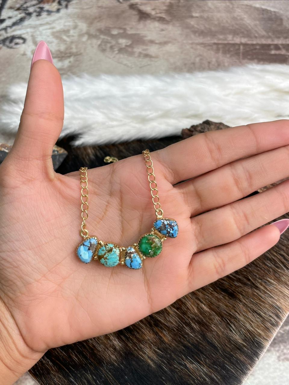 “The Golden Collection” Handmade Natural Golden Hills, Sonoran and Number 8 Turquoise Gold Plated Necklace