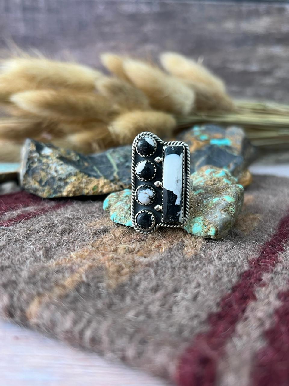 Handmade Sterling Silver White Buffalo Adjusatble Ring "Signed Nizhoni"