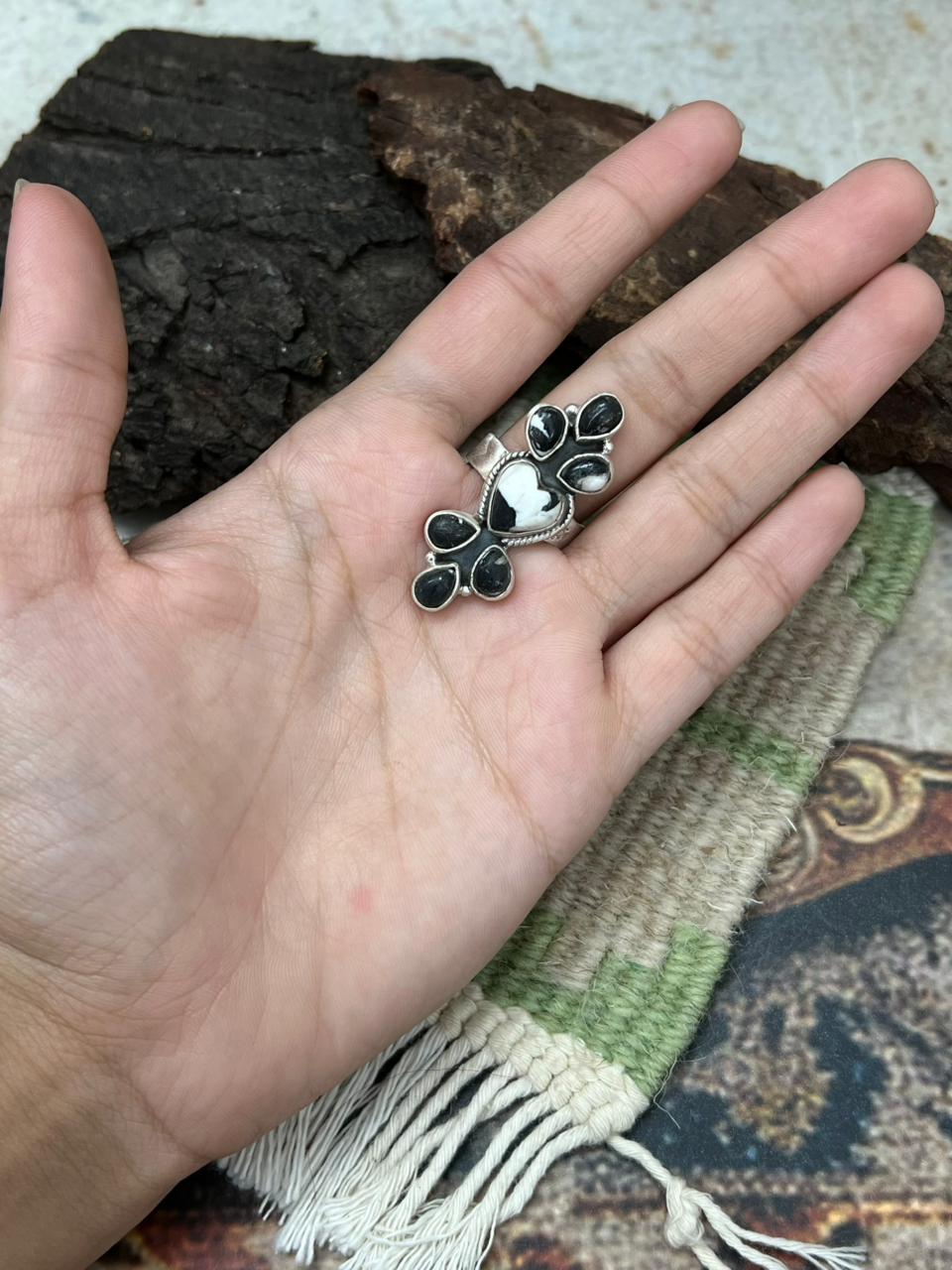 Handmade Sterling Silver White Buffalo Turquoise Adjustable Ring "Signed Nizhoni"