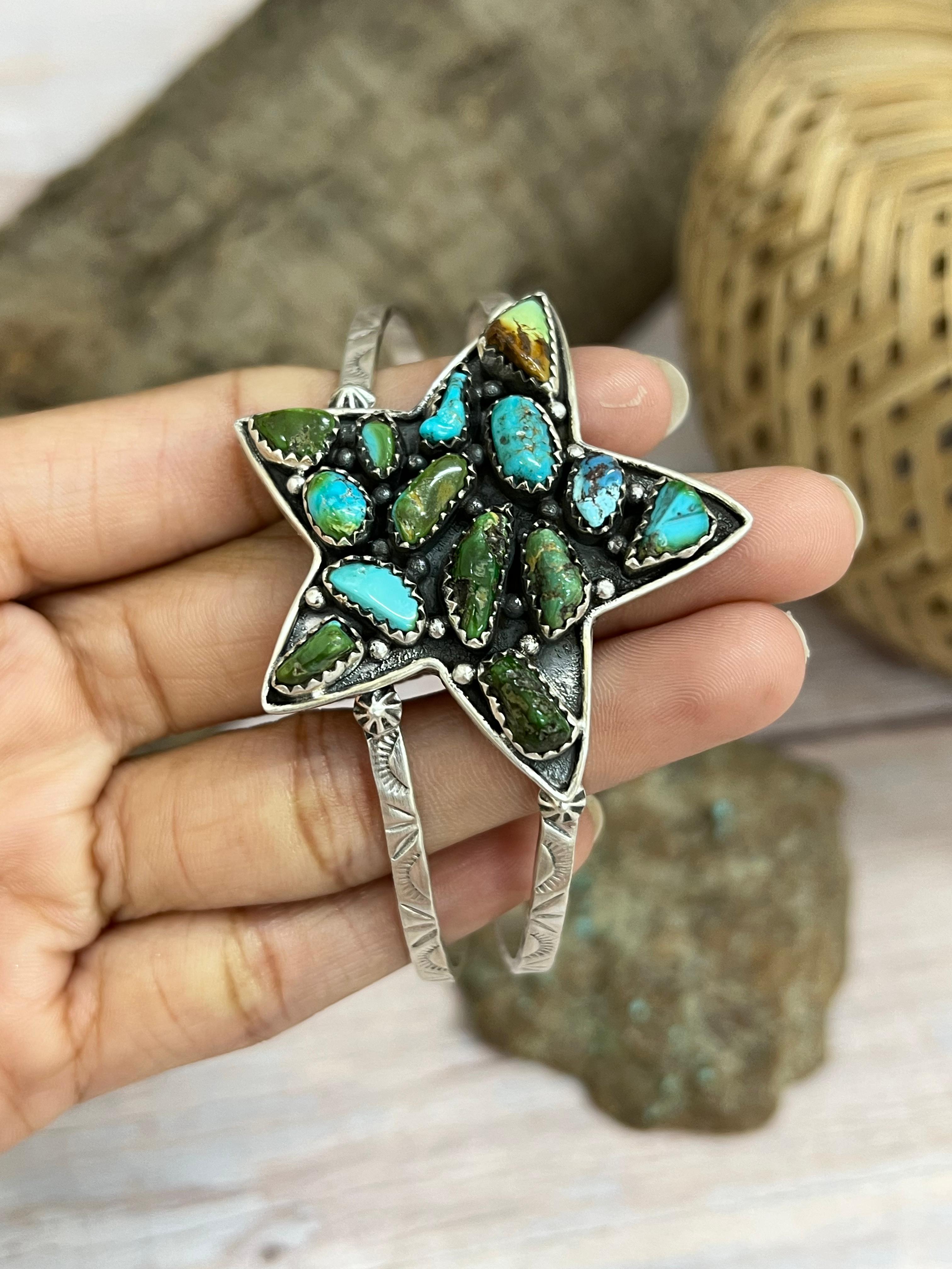 Handmade Sterling Silver Golden Hill, Sonoran Mountain Turquoise Star Bracelet with Signed Nizhoni /