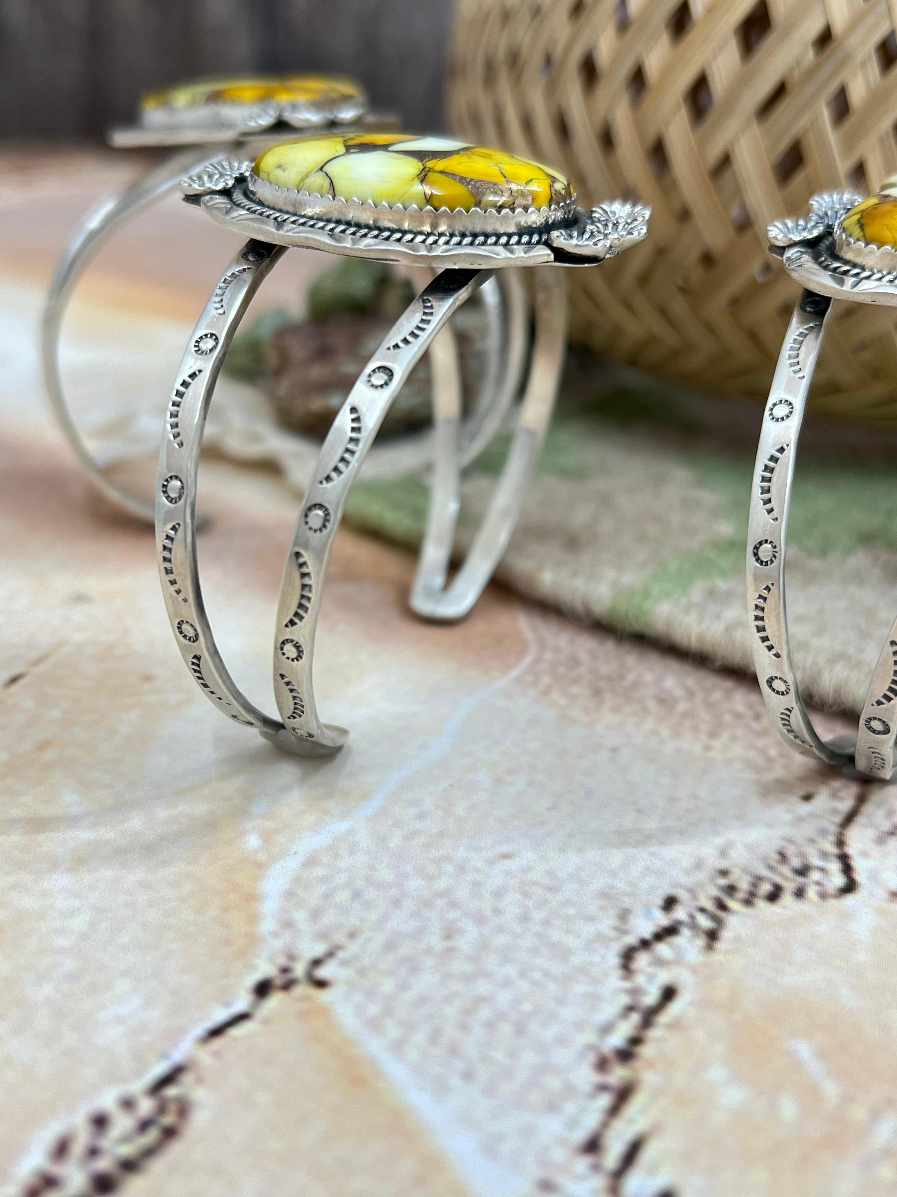 Handmade Sterling Silver Honey Dahlia Cuff Bracelet with Signed Nizhoni