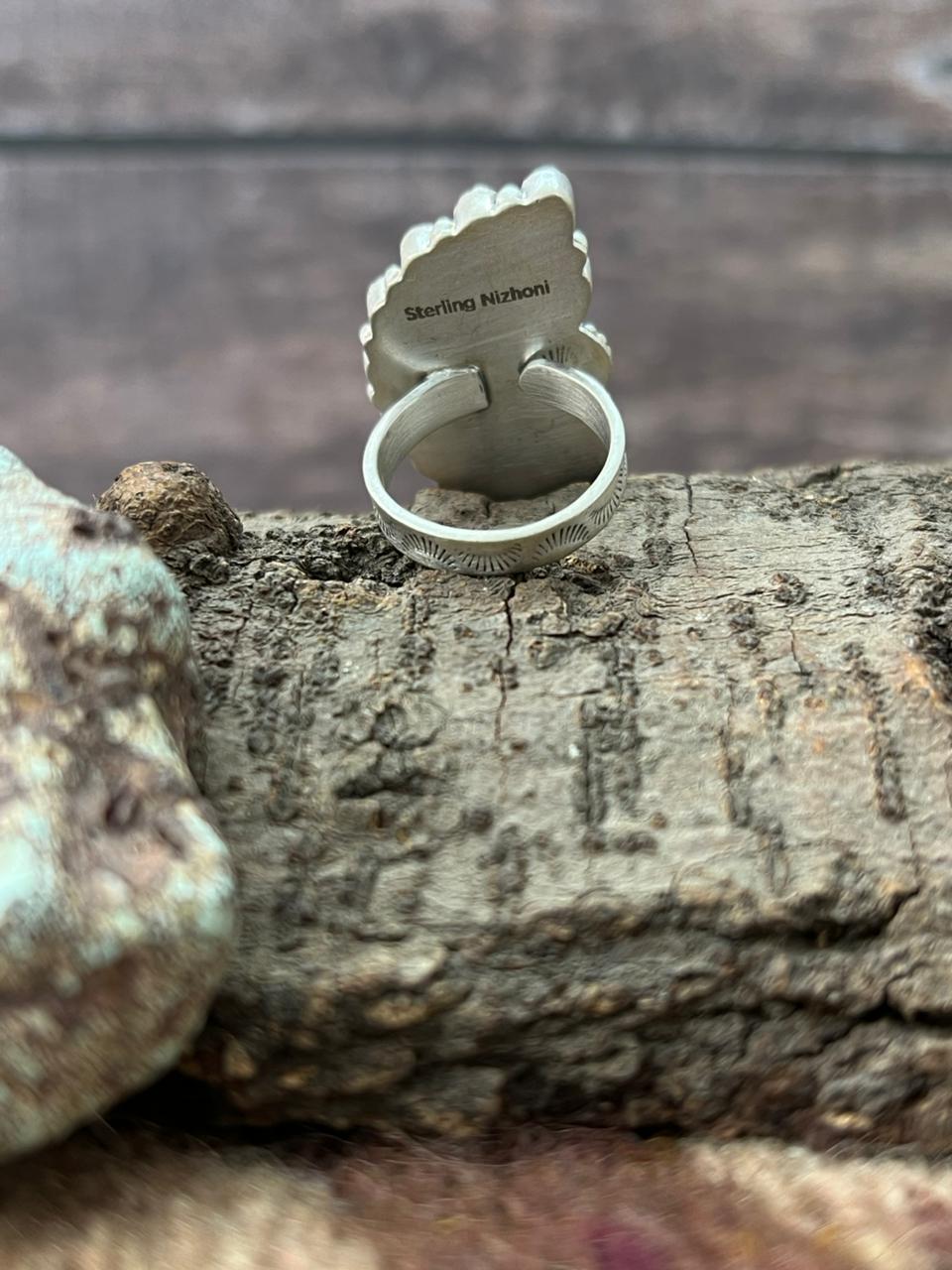 Handmade Sterling Silver Kingman Turquoise Adjustable Ring "Signed Nizhoni"