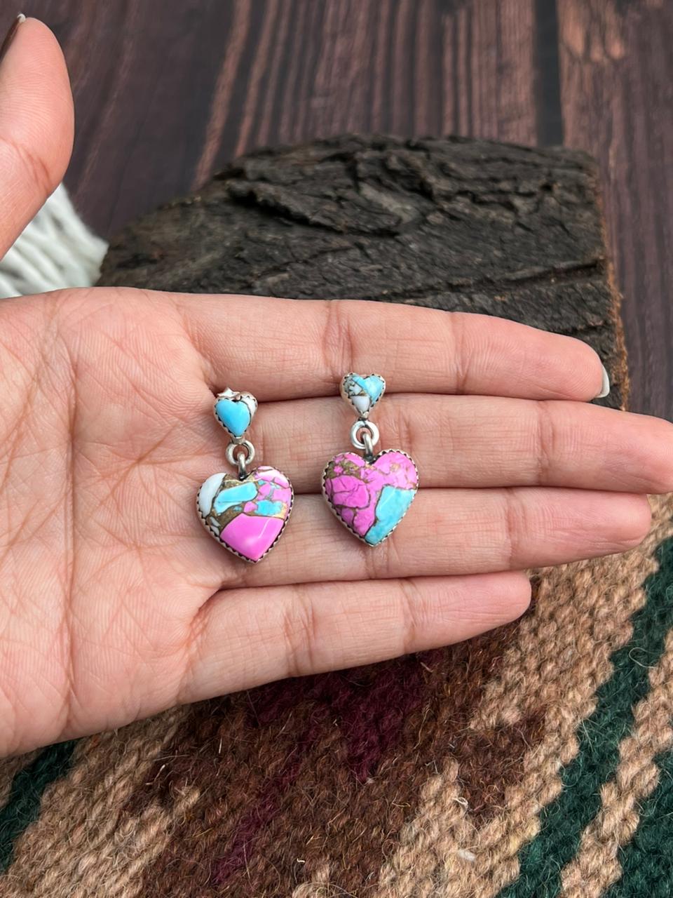 "Heart Collection" Handmade Sterling Silver Cotton Candy Post Dangle Earrings "Signed Nizhoni"