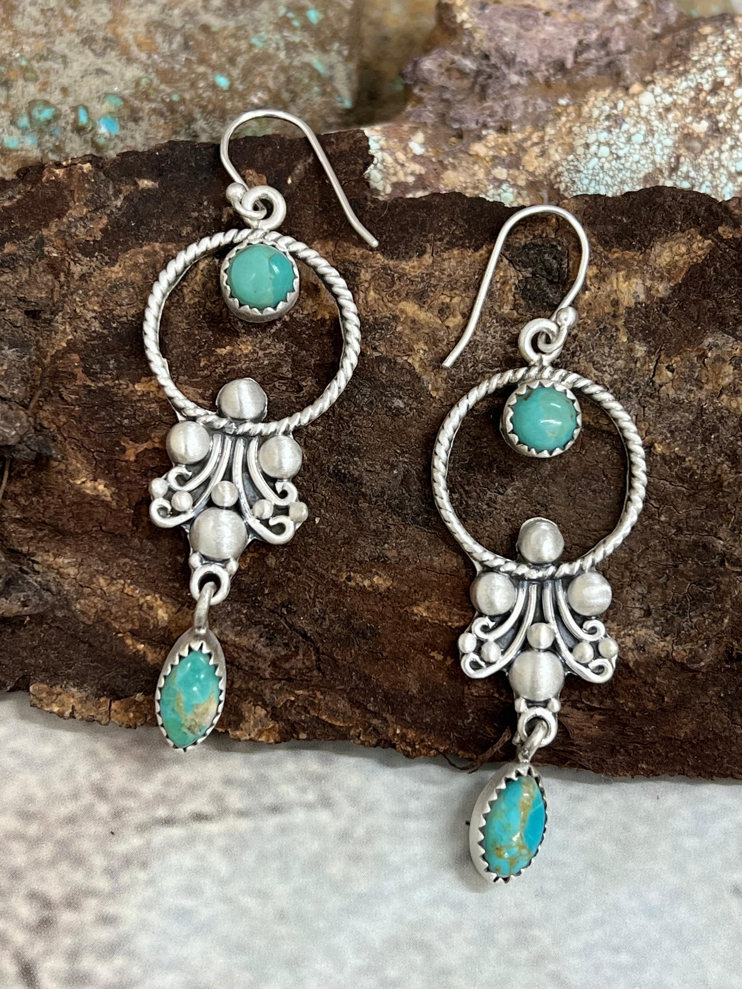 Handmade Sterling Silver Kingman Turquoise Hook Earrings with Signed Nizhoni