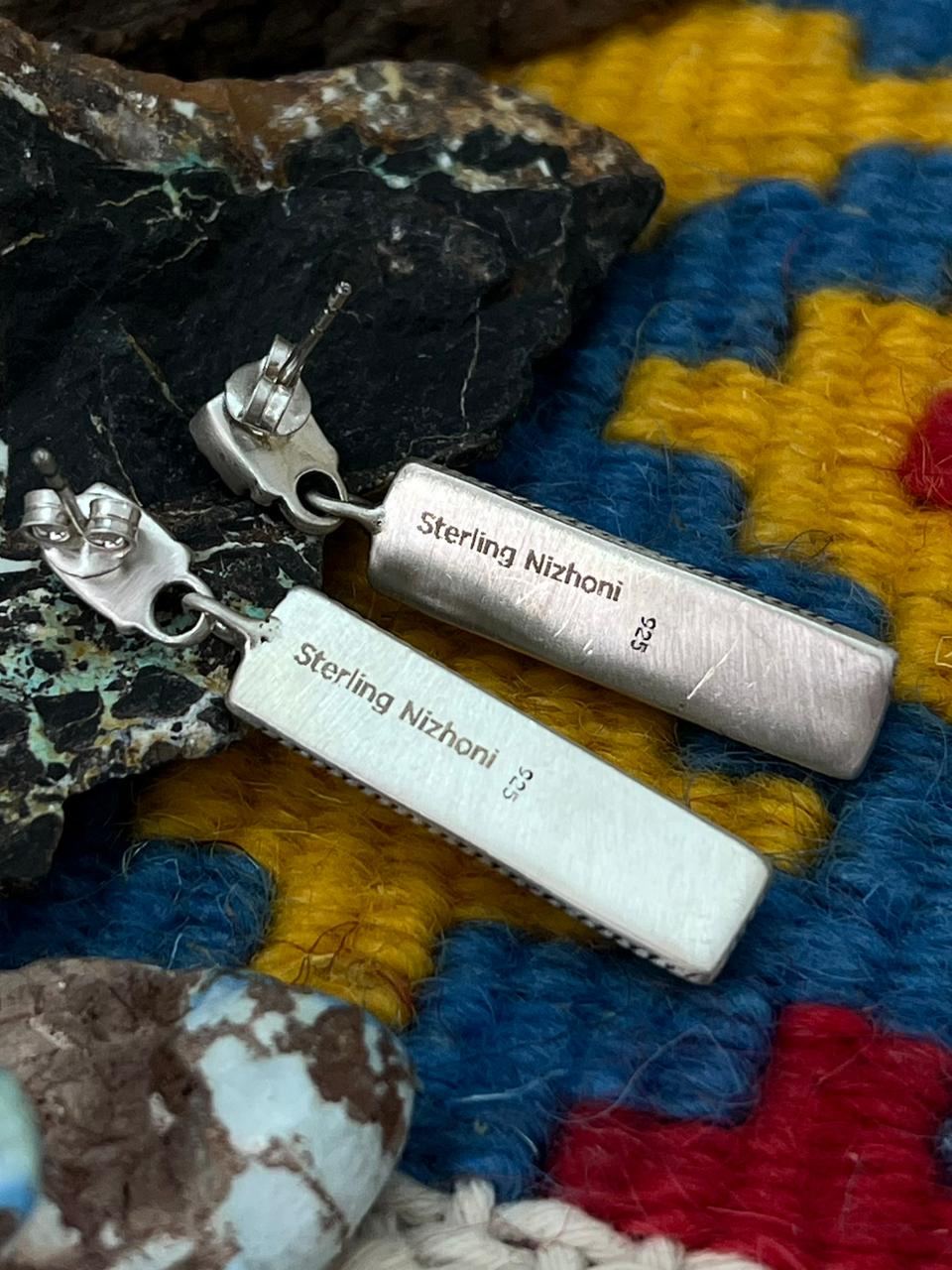 Handmade Sterling Silver Kingman Turquoise Post Dangle Earrings "Signed Nizhoni"