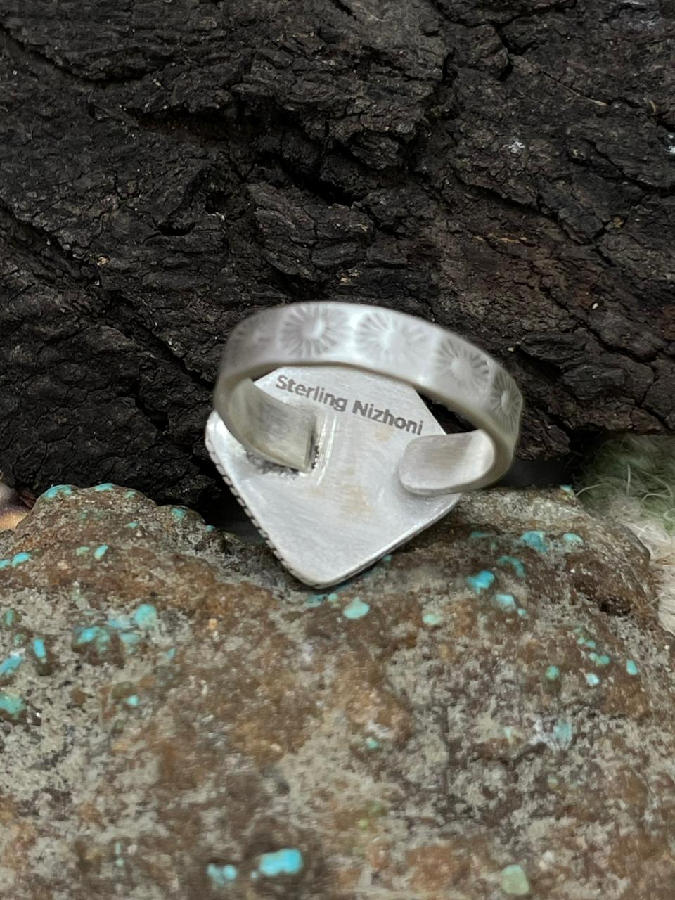 Handmade Sterling Silver Kingman Turquoise Adjustable Ring "Signed Nizhoni"