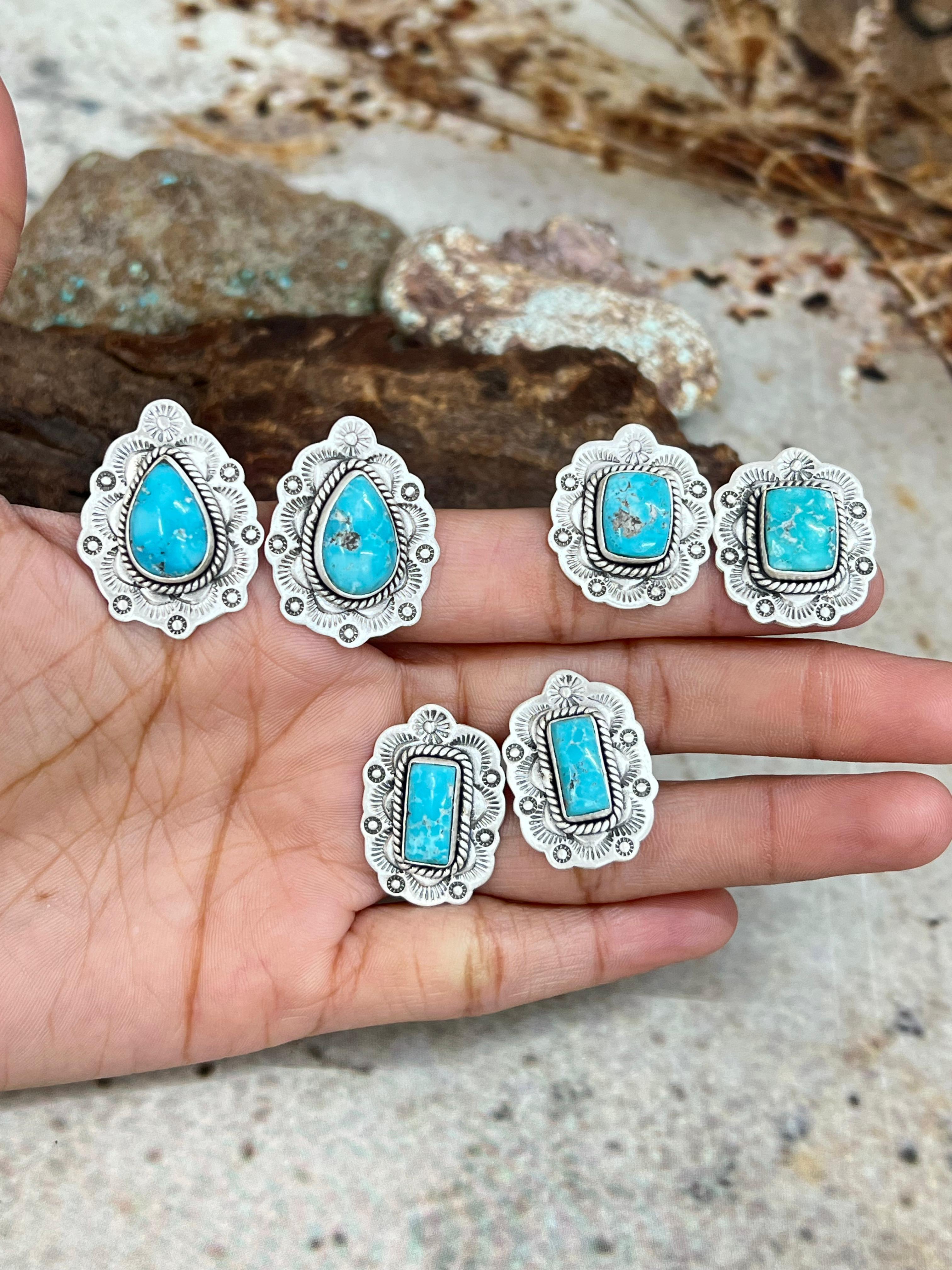 Handmade Sterling Silver White Water Turquoise Post Studs with Signed Nizhoni