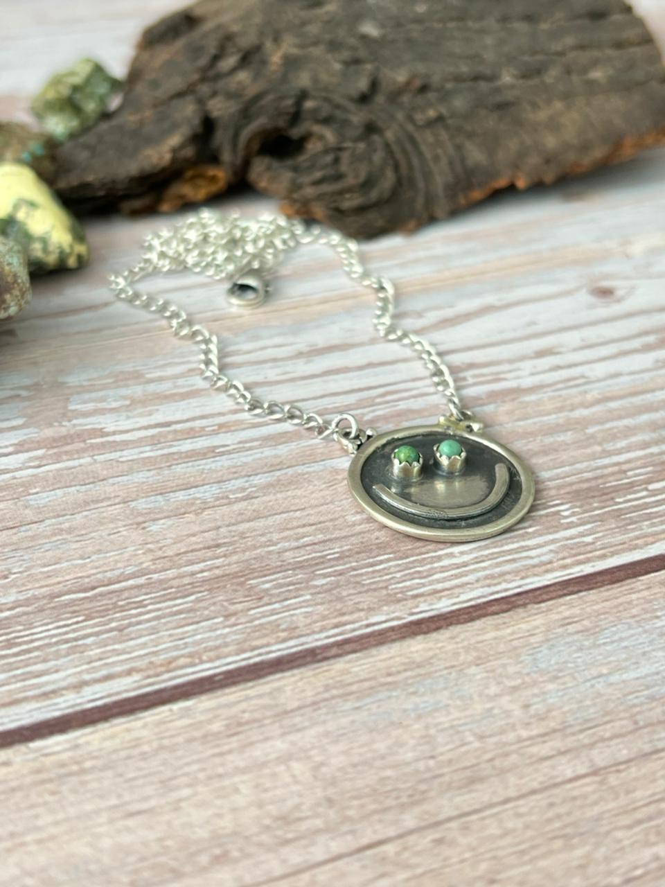 Handmade Sterling Silver Kingman Turquoise Smiley Necklace with Signed Nizhoni (1)