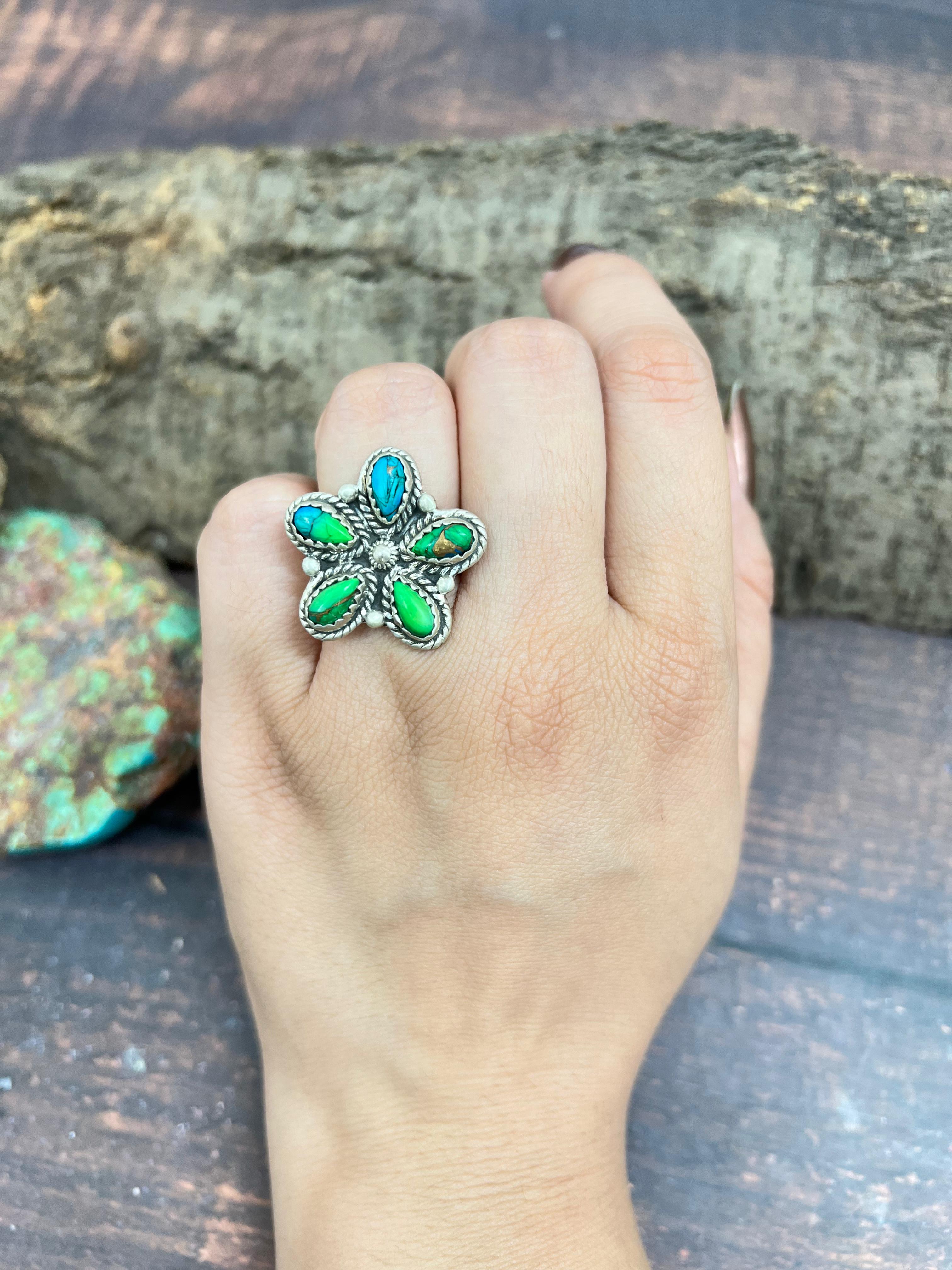 Handmade Sterling Silver Peacock Dahlia Adjustable Ring with Signed Nizhoni