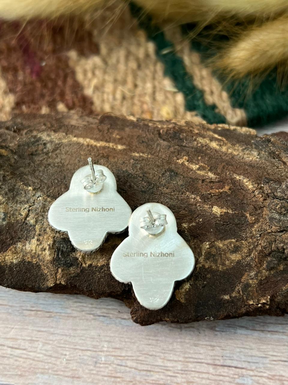 Handmade Sterling Silver White Buffalo Post Stud Earrings "Signed Nizhoni"