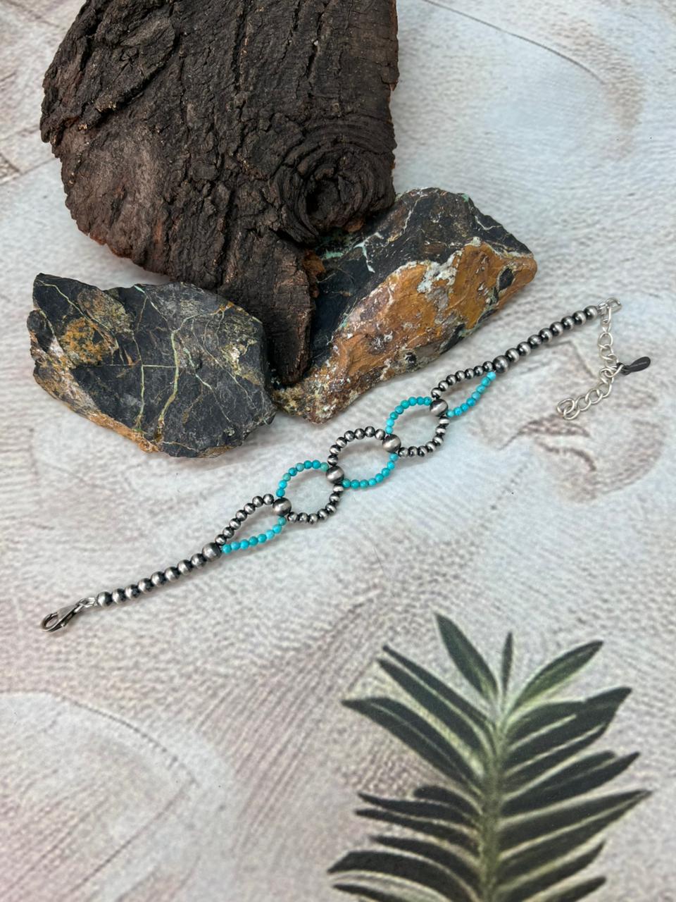 Handmade Sterling Silver Beaded Kingman Turquoise Bracelet