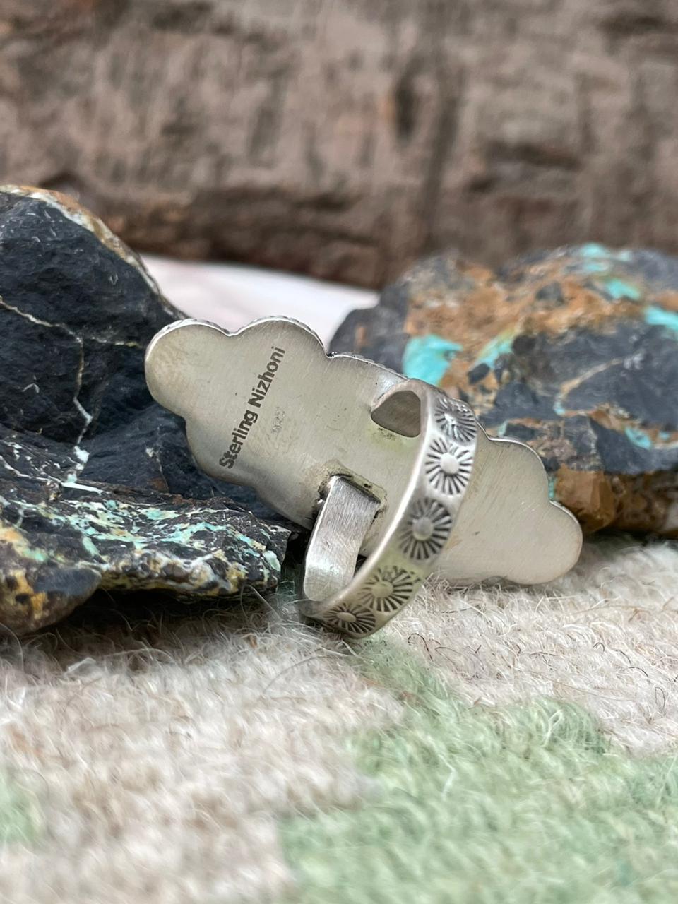 Handmade Sterling Silver Kingman With Orange Mohave Adjustable Ring "Signed Nizhoni" (2)