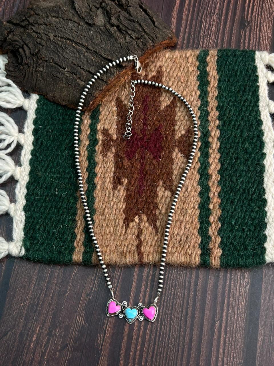 "Heart Collection" Handmade Sterling Silver Beaded Cotton Candy Necklace "Signed Nizhoni"