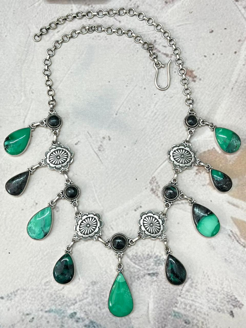 Handmade Sterling Silver Emerald Rose Necklace "Signed Nizhoni"
