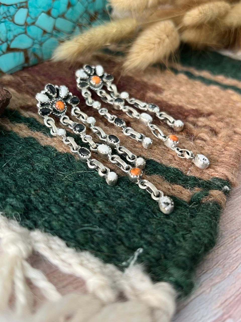 Handmade Sterling Silver White Buffalo with Orange Mojave Post Dangle Earrings "Signed Nizhoni"