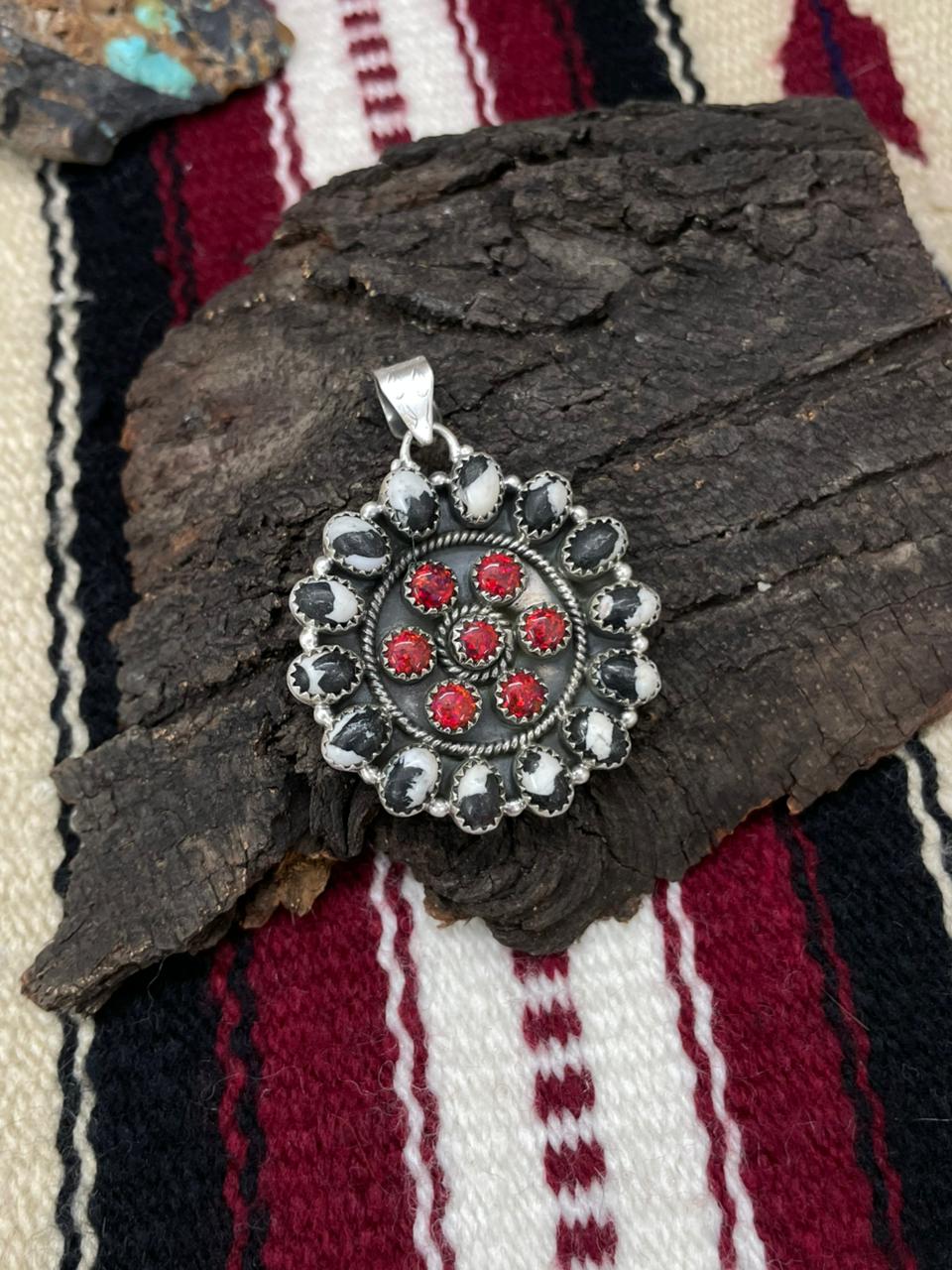"Christmas Collection" Handmade Sterling Silver Red Opal with White Buffalo Pendant " Signed Nizhoni"