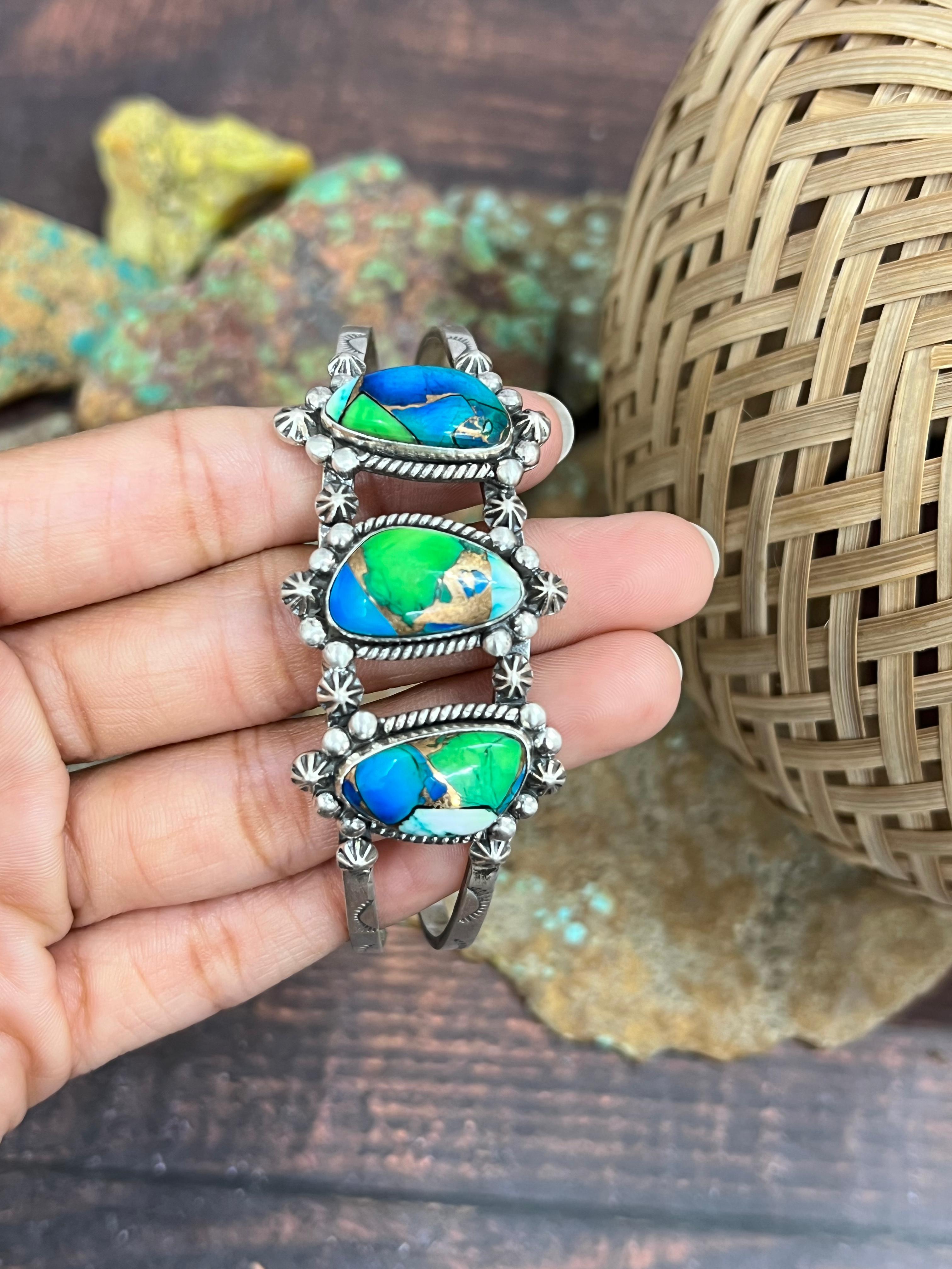 Handmade Sterling Silver Peacock Dahlia Cuff Bracelet with Signed Nizhoni