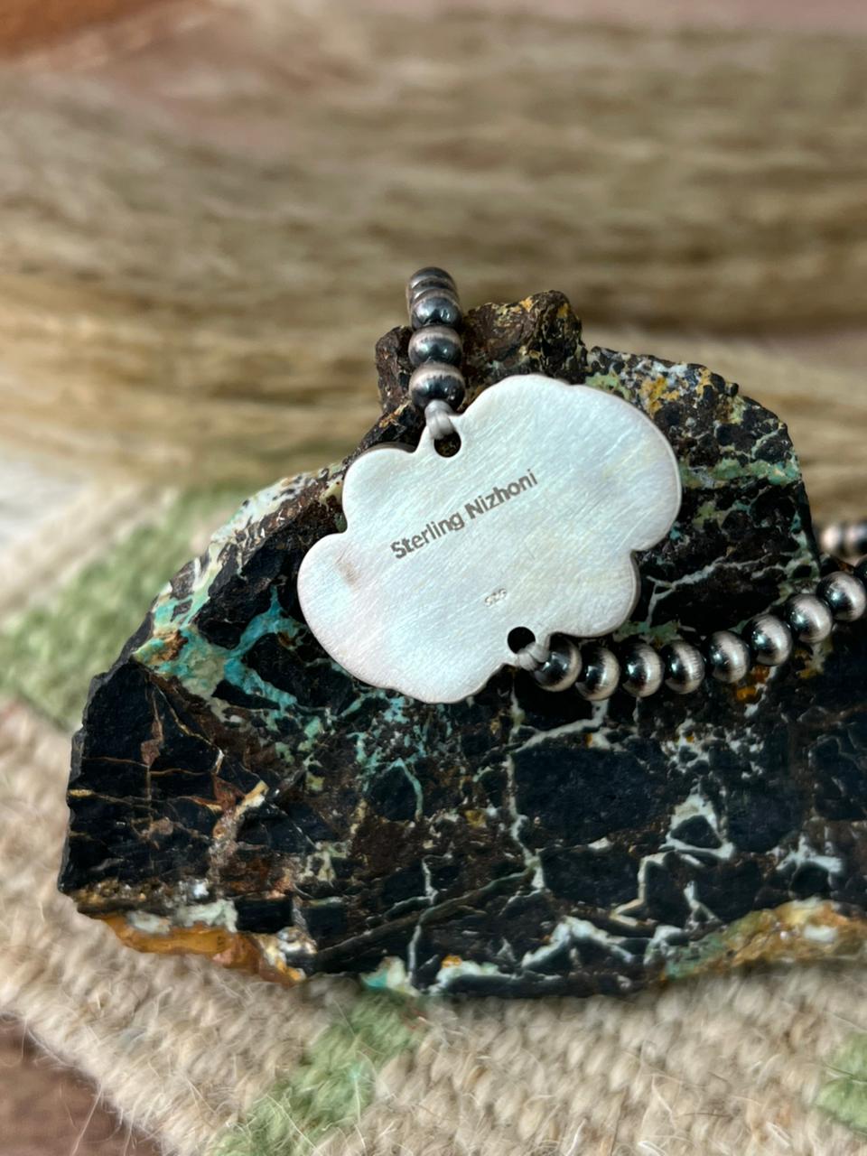 Handmade Sterling Silver Paloma with Peacock Dahlia Beaded Stretch Bracelet "Signed Nizhoni"