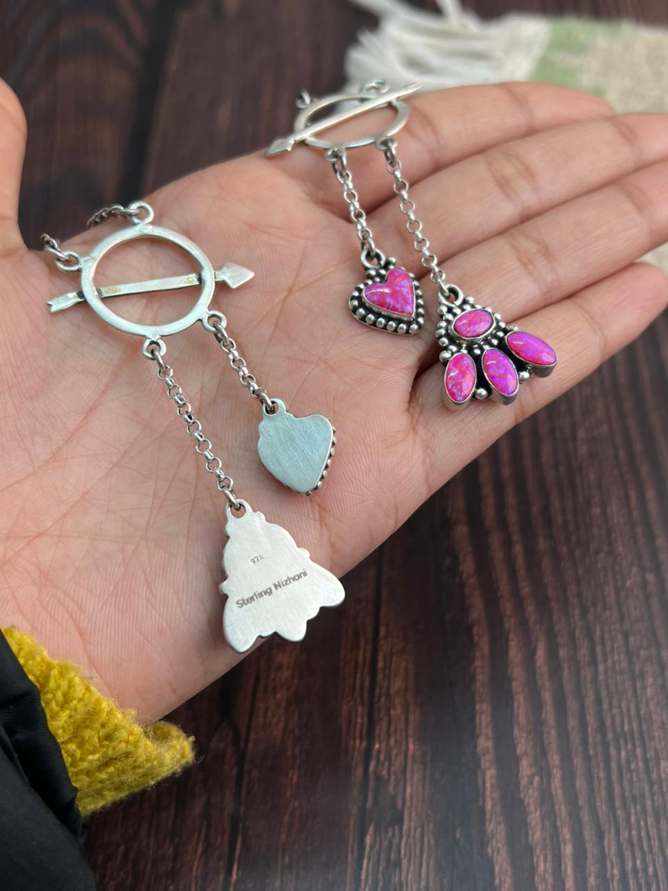 "Heart Collection" Handmade Sterling Silver Hot Pink Lariat Necklace "Signed Nizhoni"