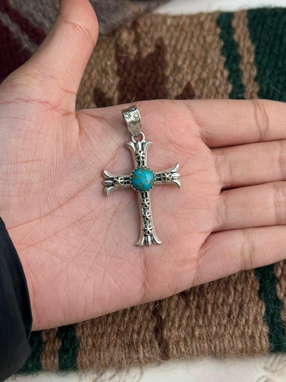 Handmade Sterling Silver Kingman Turquoise Cross Pendant "Signed Nizhoni"