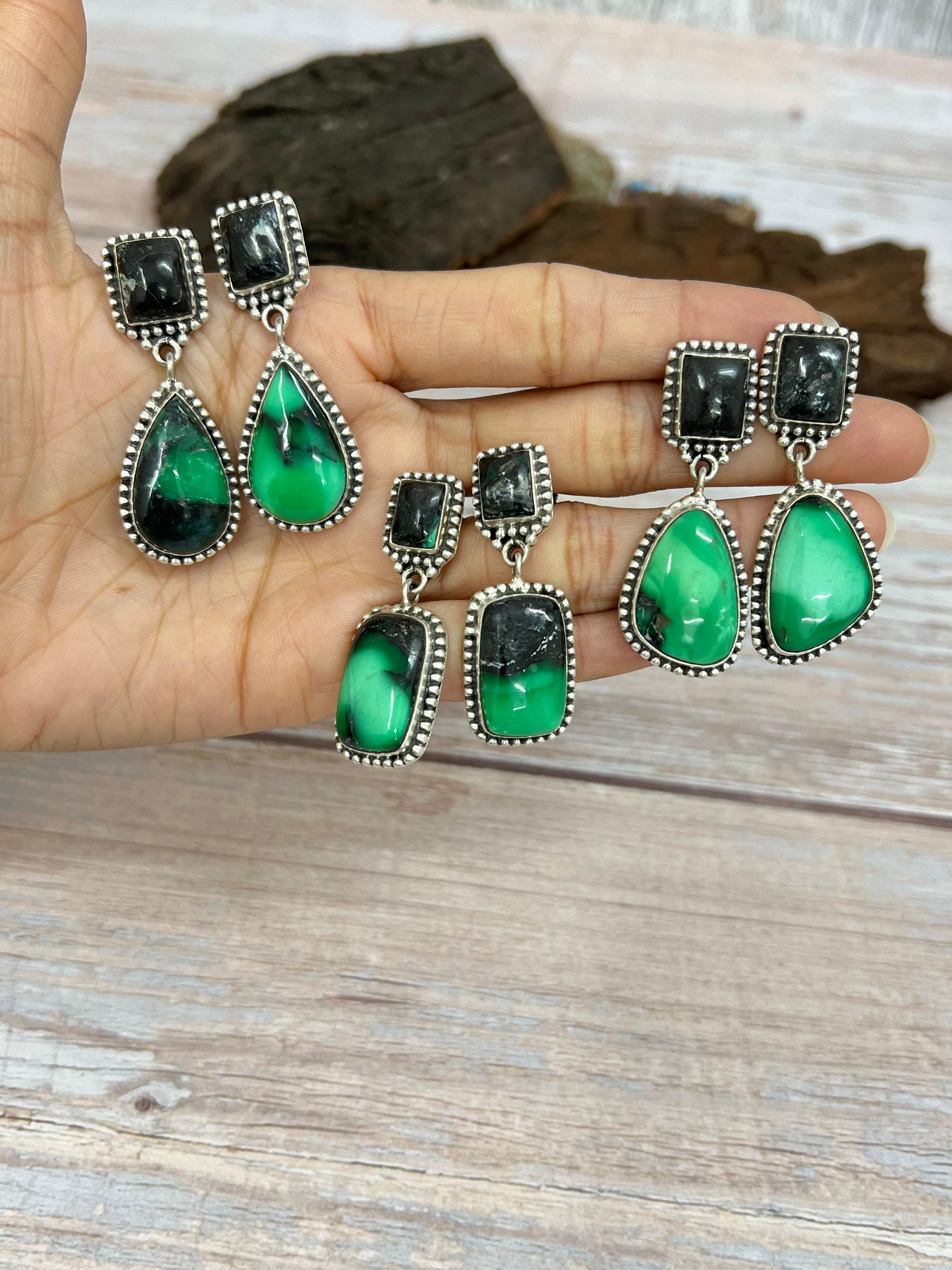 Handmade Sterling Silver Emerald Rose Post Dangle Earrings with Signed Nizhoni