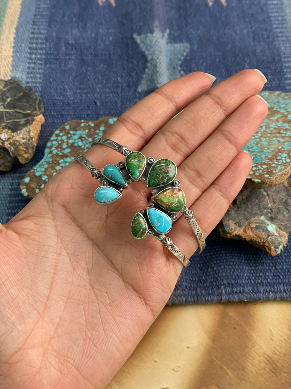 Handmade Sterling Silver Sonoran Mountain Turquoise with White Water Cuff Bracelet "Signed Nizhoni"