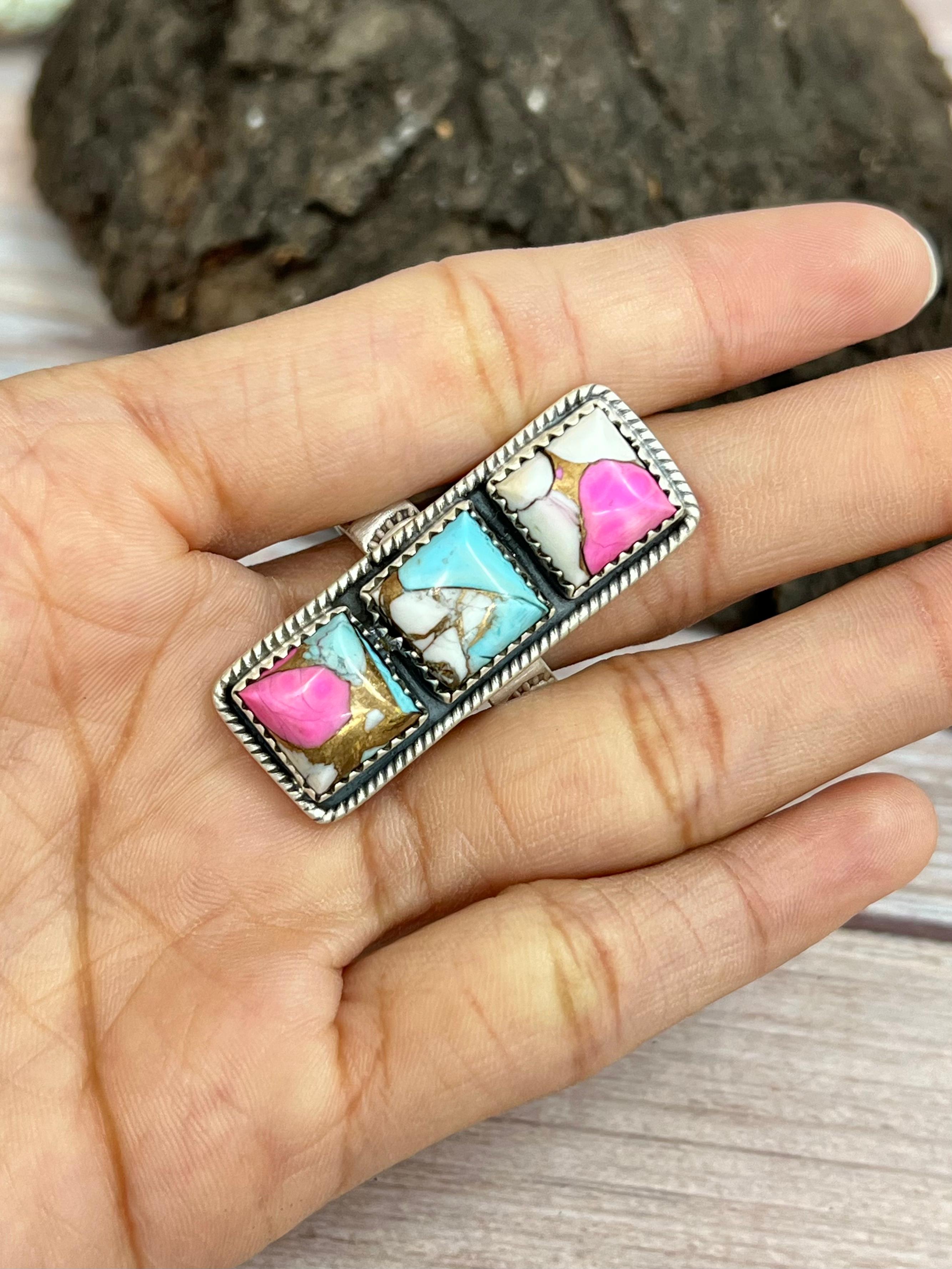 Handmade Sterling Silver Cotton Candy Turquoise Adjustable Ring with Signed Nizhoni