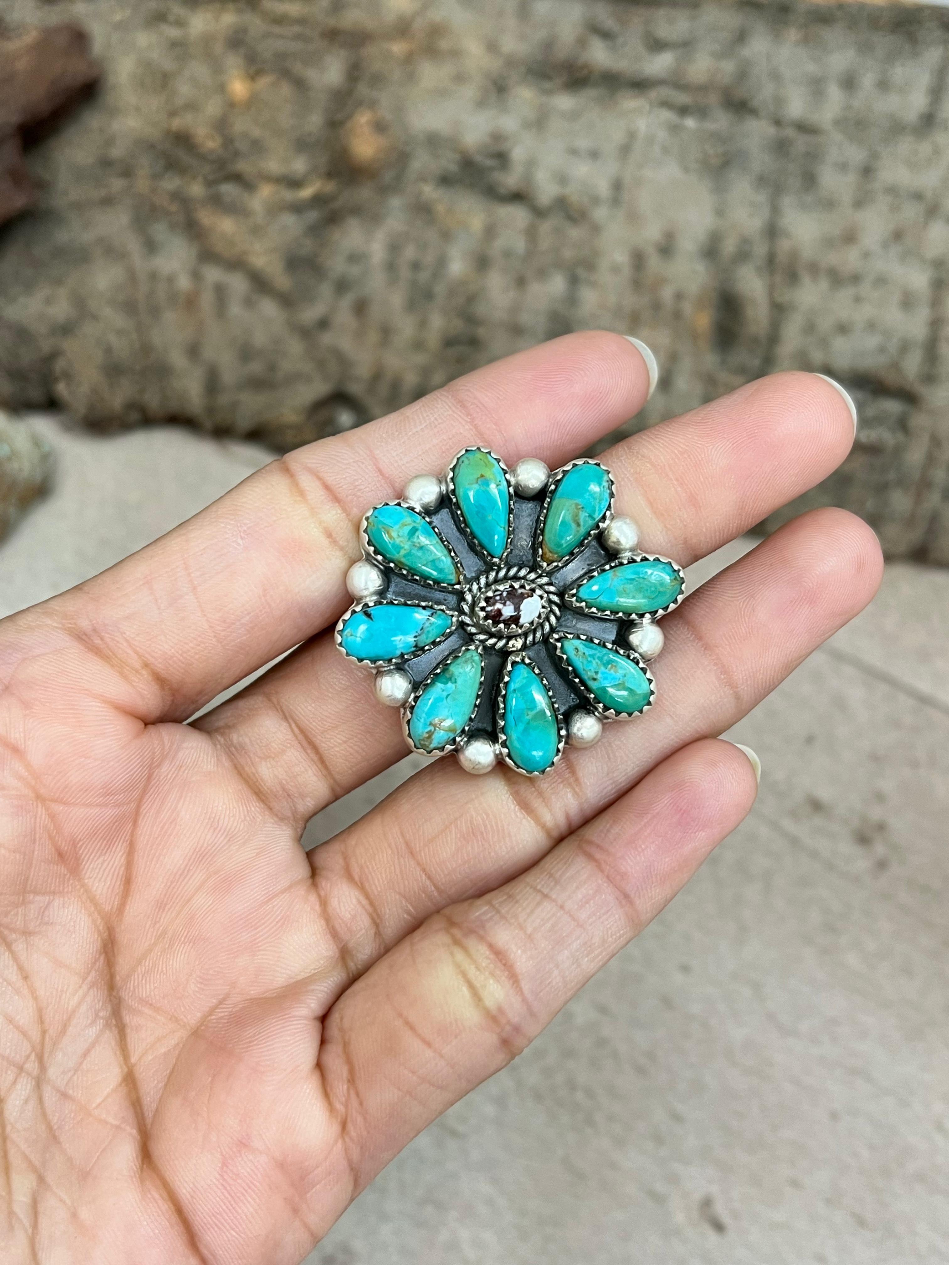 Handmade Sterling Silver Kingman Turquoise with Wild Horse Adjustable Ring Signed Nizhoni