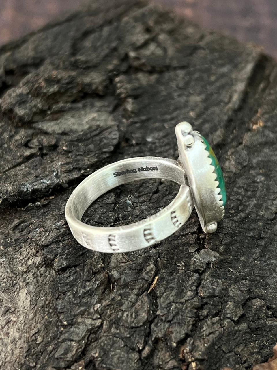 Handmade Sterling Silver Emerald Valley Turquoise Adjustable Ring " Signed Nizhoni" (7)