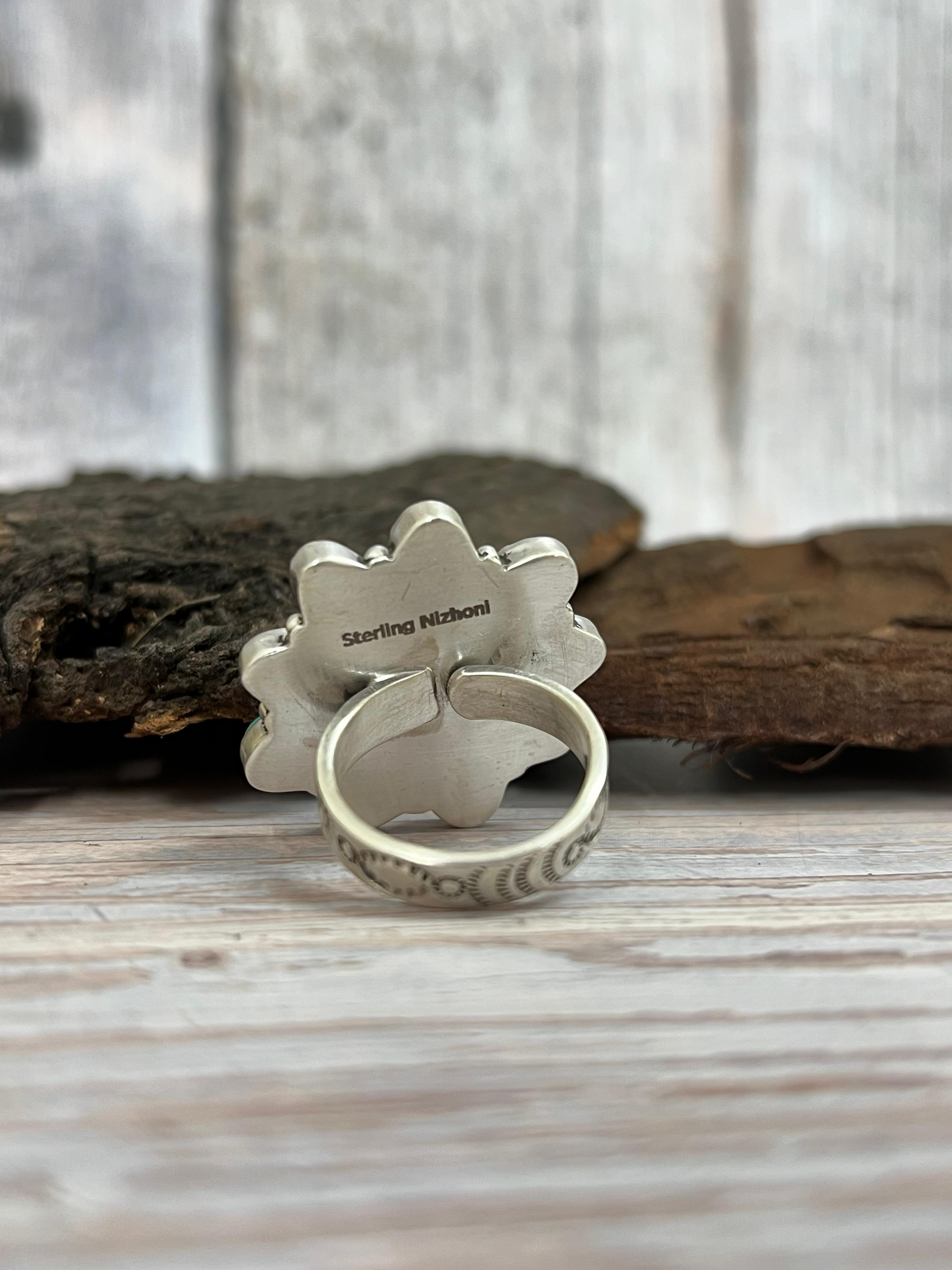 Handmade Sterling Silver Emerald Valley Adjustable Ring with Signed Nizhoni