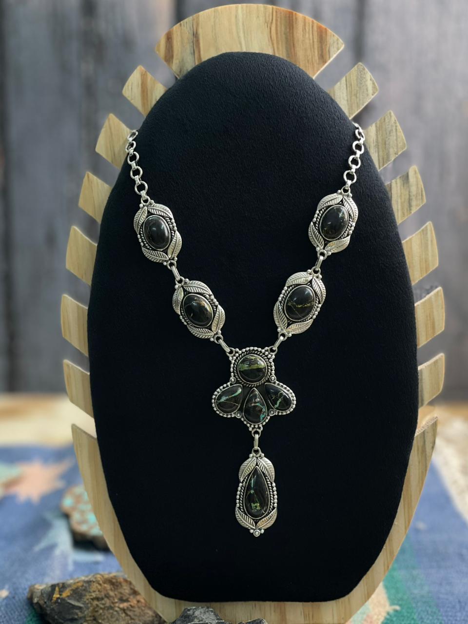 Handmade Sterling Silver Blackjack Turquoise Necklace "Signed Nizhoni"