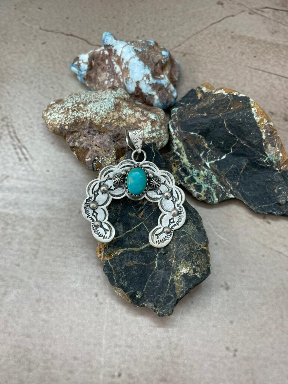 Handmade Sterling Silver Kingman Turquoise Naja Pendant "Signed Nizhoni"