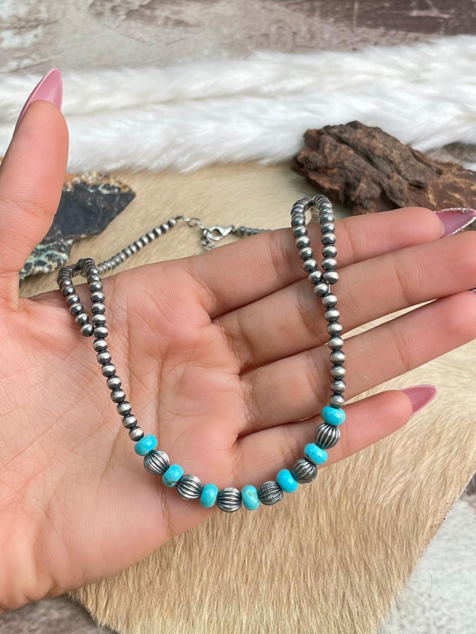 Handmade Sterling Silver Kingman Turquoise Beaded Necklace "Signed Nizhoni"