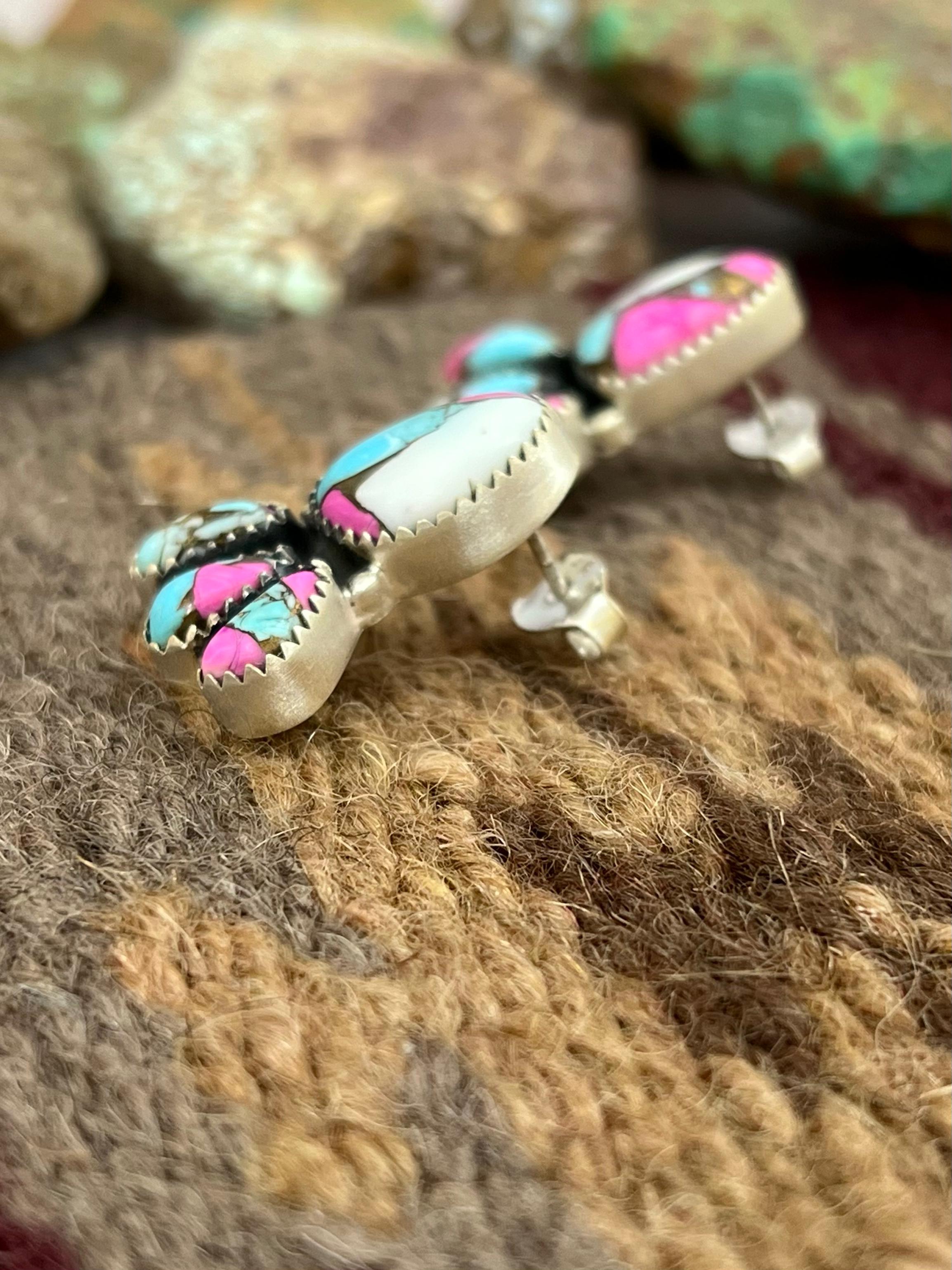 Handmade Sterling Silver Cotton Candy Turquoise Post Studs with Signed Nizhoni