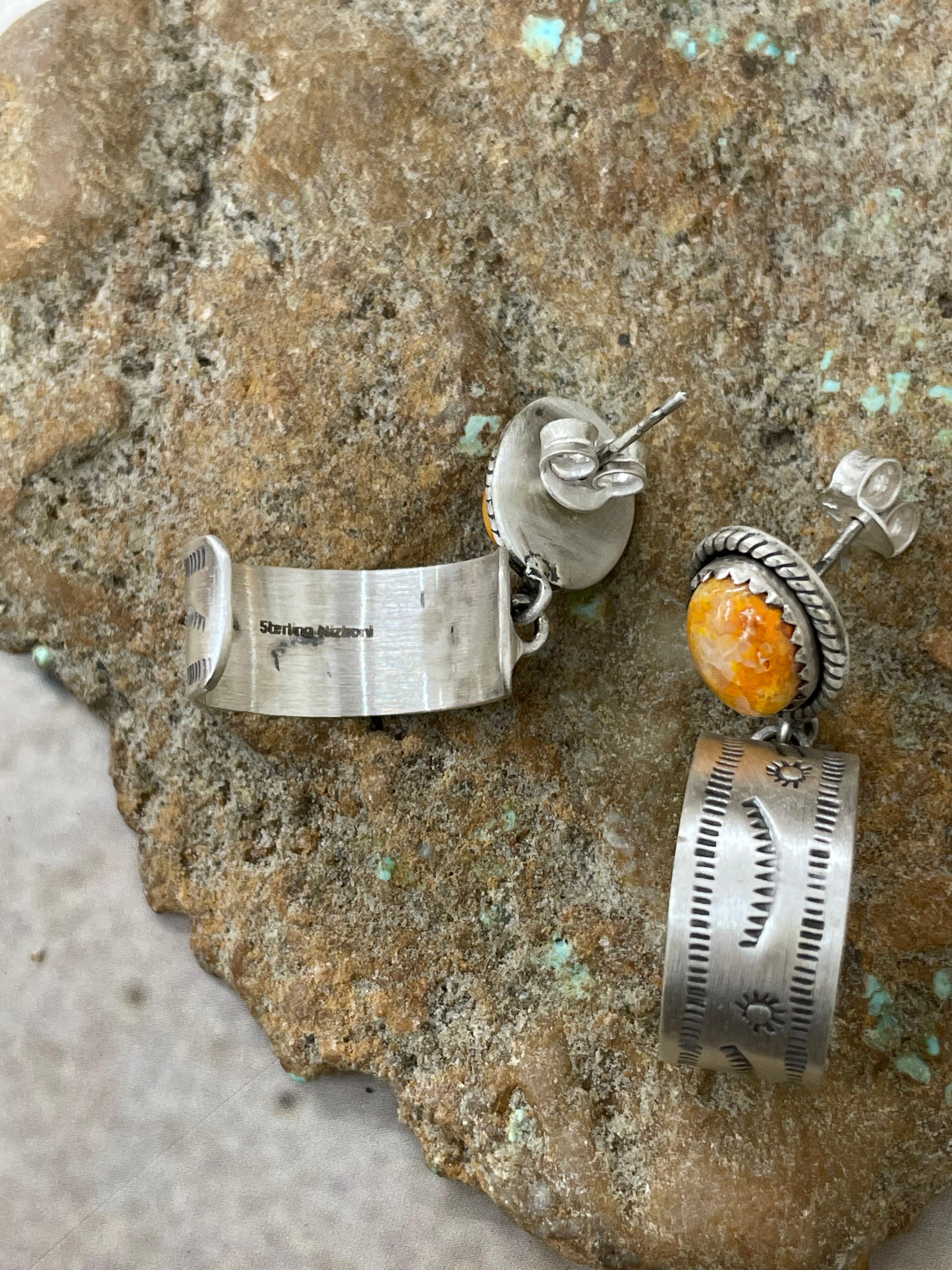 Handmade Sterling Silver Bumblebee Post Hoop Earrings with Signed Nizhoni