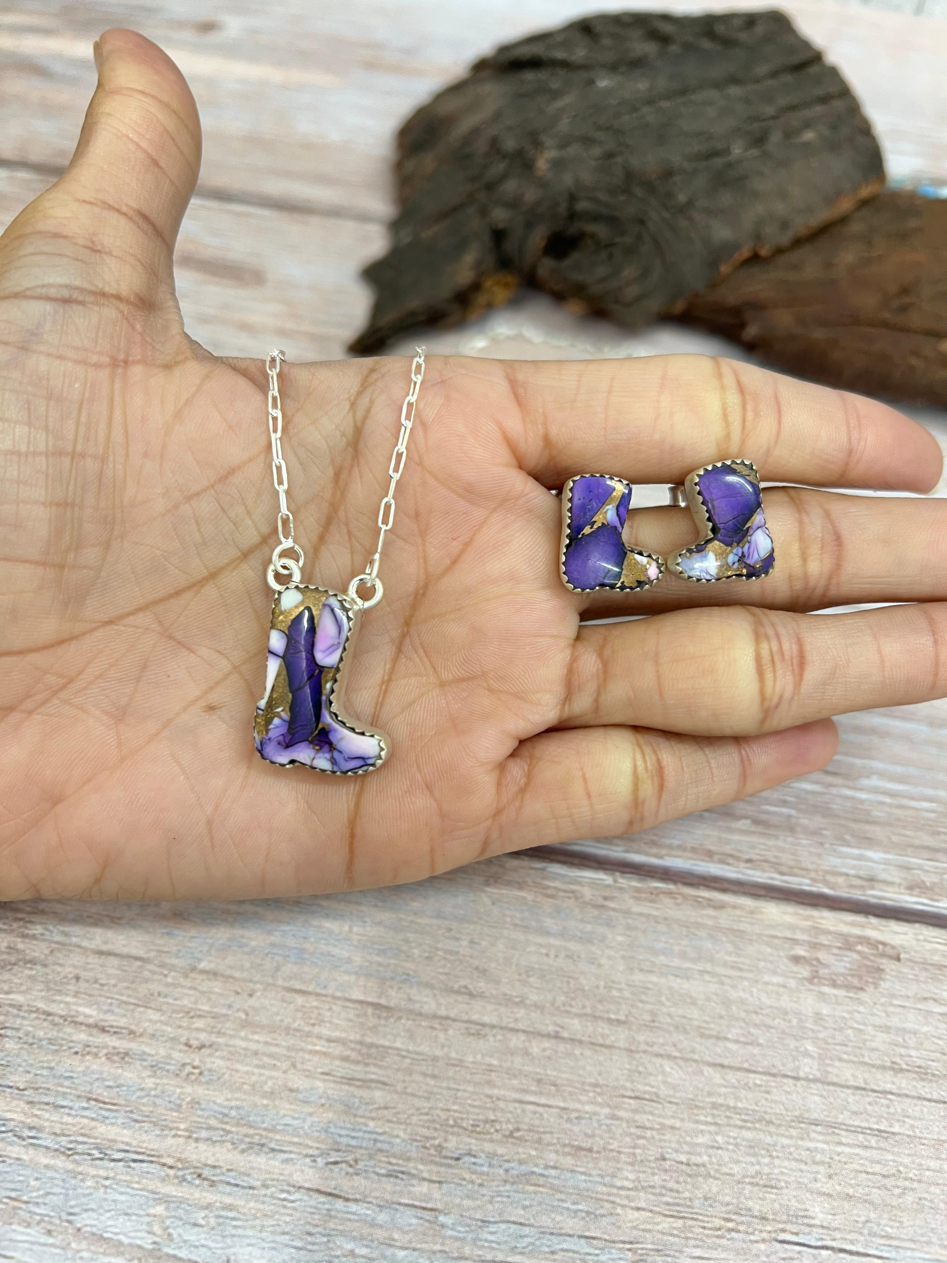 Handmade Sterling Silver Multi Stone Boot Necklace Earrings Set Signed Nizhoni